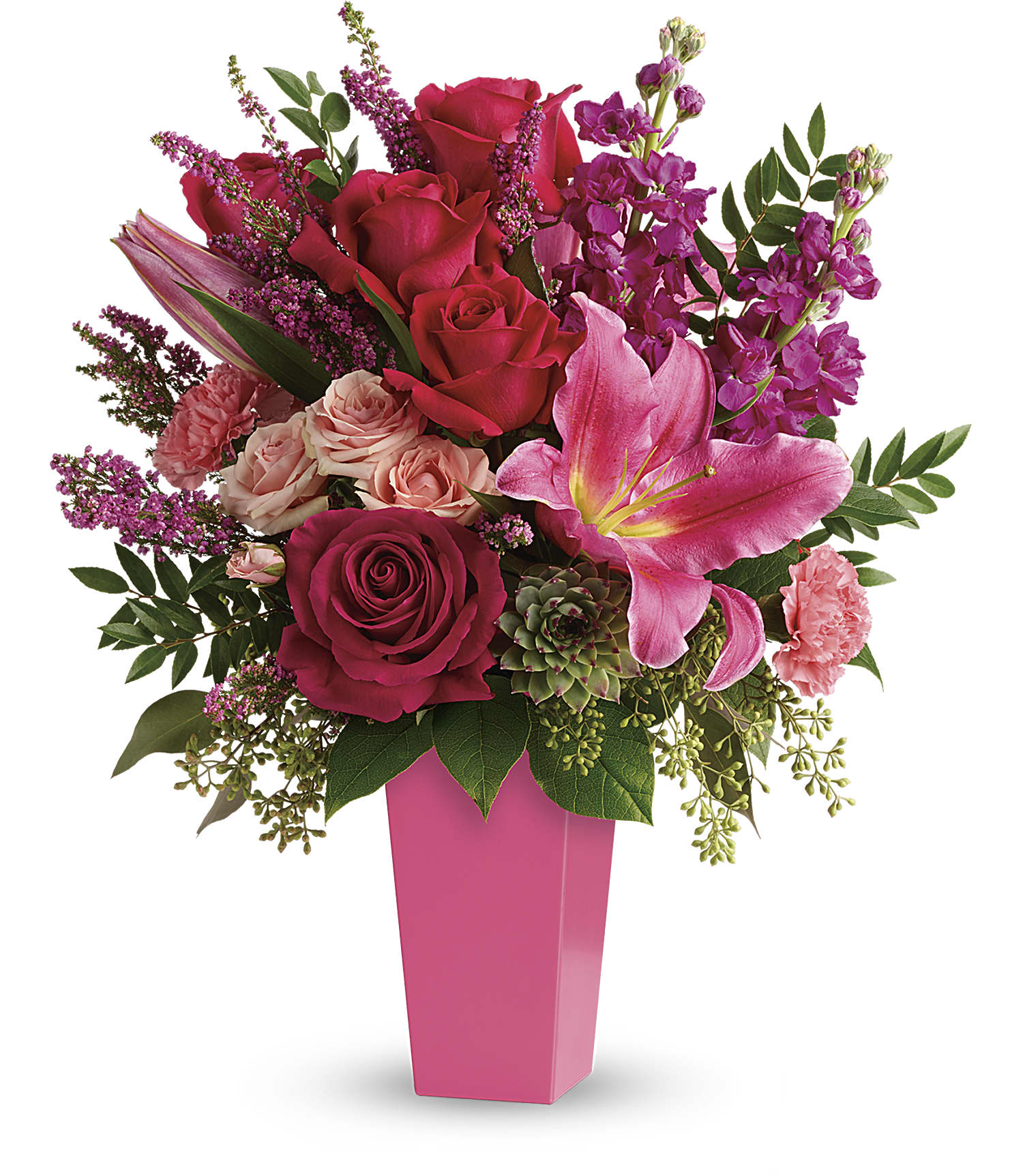 Forever Fuchsia Bouquet - Pretty in pink! A surprise they'll remember forever, this fantasy of fuchsia lilies, roses and carnations is artistically arranged in a sleek contemporary vase.  This stunning bouquet features pink oriental lilies, hot pink roses, pink carnations, fuchsia stock, light pink spray roses, pink heather, lemon leaf, huckleberry, seeded eucalyptus, and a small green potted echeveria succulent. Delivered in a raspberry tapered vase.  Approximately: 16 1/2&quot; W x 19 1/2&quot; H  Orientation: All-Around