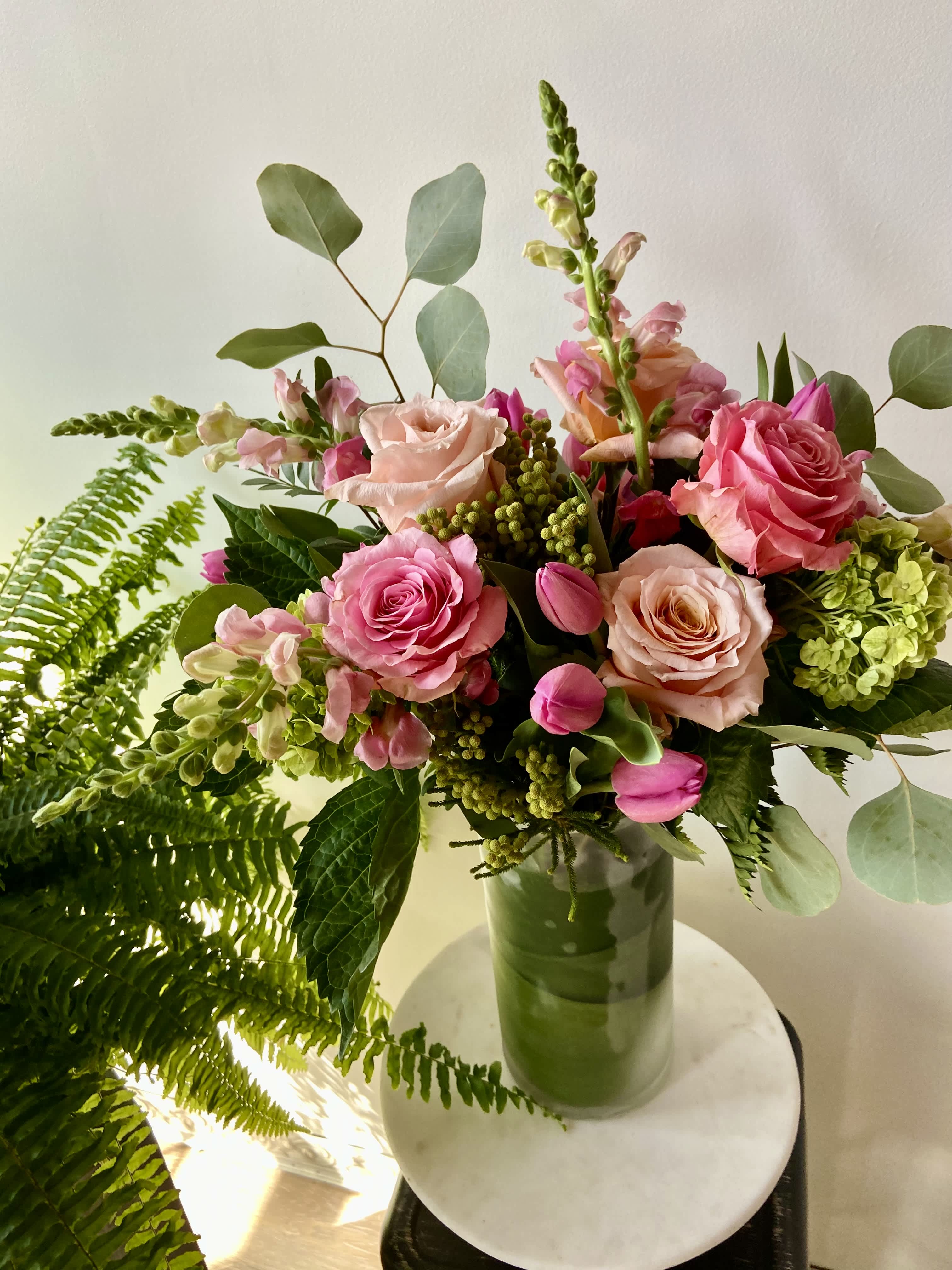 Sweet Spring Bouquet Sweet Spring Bouquet - A little taste of Sweet Spring Bouquet is full of lime light hydrangea, hermosa roses, Pink snapdragon, shimmer roses, and silver dollar eucalyptus.