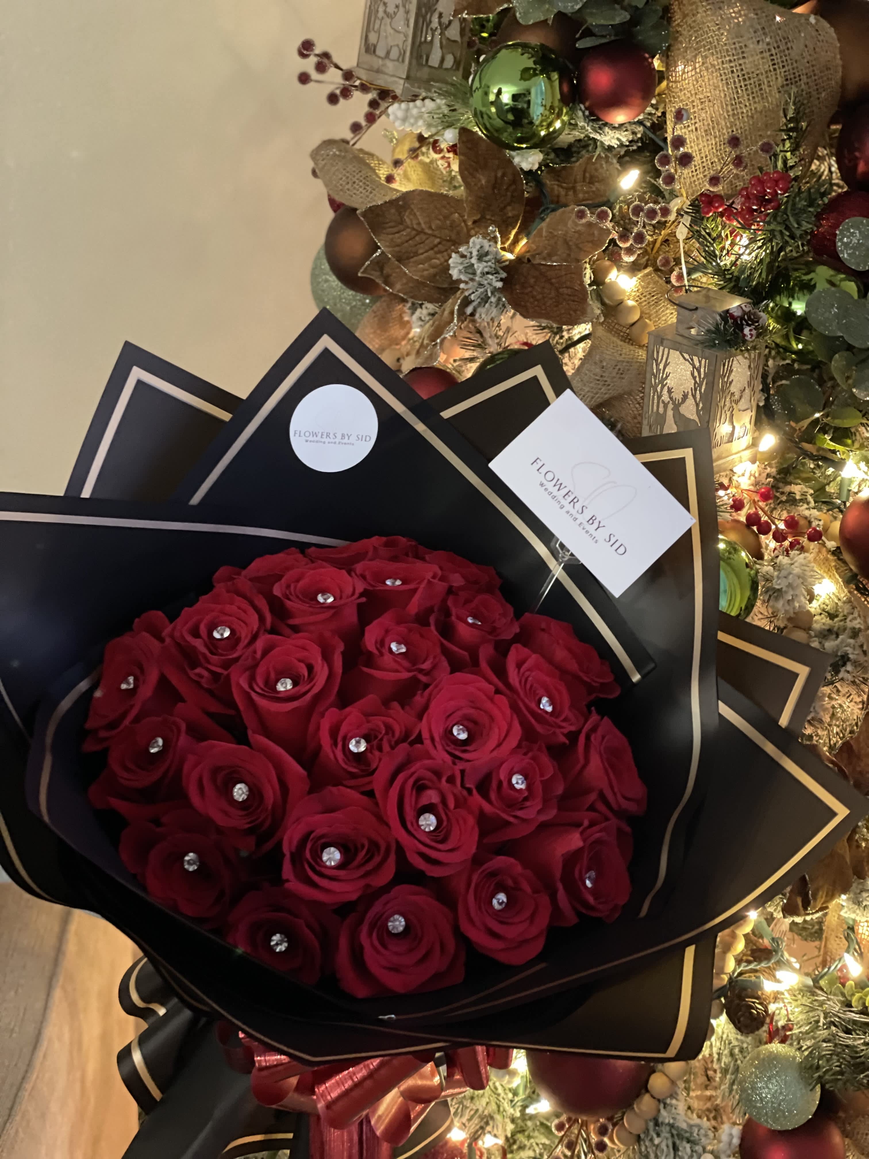 Red buchón 50 stems  - Hand tied red roses bouquets, Korean wrapping paper and glass vase, add ons are extra