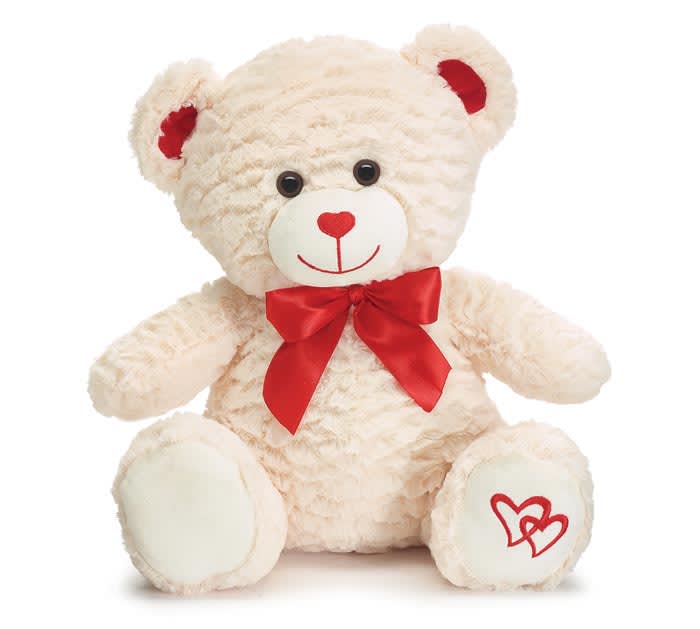 Cream Bear with Embroidered Paw Plush - A soft 15&quot; cream colored bear with red hearts embroidered on one paw and a red bow
