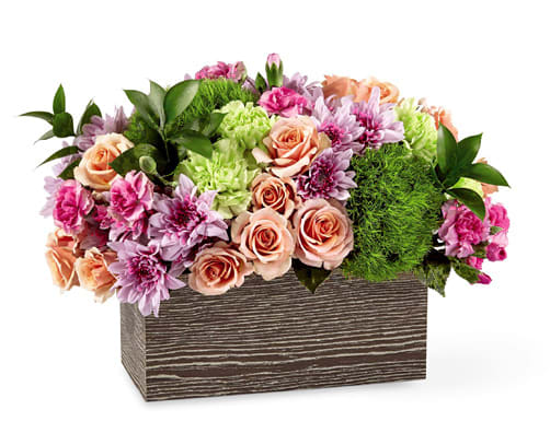 Simple charm - Introducing the &quot;Simple Charm&quot; Flower Arrangement, a delightful mix of daisies, spray roses, green trick, hydrangeas, and mini carnations arranged in a beautiful wooden box. The &quot;Simple Charm&quot; arrangement exudes simplicity, elegance, and natural beauty, making it a perfect choice for those seeking a minimalist yet charming bouquet.  The arrangement features a selection of white and pale pink flowers that blend together to create a peaceful and harmonious display. The daisies symbolize innocence and purity, evoking the simple and unpretentious beauty of a wildflower meadow. Meanwhile, the spray roses bring a touch of delicacy and refinement with their soft colors and delicate blooms. They symbolize gratitude and appreciation, conveying the heartfelt emotions of love and admiration.  The green trick dianthus adds a playful and charming touch to the arrangement, with their ruffled petals and bright green hue. They represent youthful energy and joy, adding a touch of whimsy to the overall design. The hydrangeas provide a beautiful backdrop, with their lush and bountiful blooms that add a serene and calming energy to the &quot;Simple Charm&quot; arrangement.  Finally, the mini carnations add a pop of color, with their cheerful and vibrant hues that bring an element of energy to the arrangement. They symbolize admiration and gratitude, reminding us to appreciate the simple joys of life.  The flowers are arranged in a lovely wooden box, which brings a natural and rustic feel to the overall design. The wooden box gives this simple yet charming bouquet a touch of warmth and familiarity, making it perfect for any intimate settings.  Display the &quot;Simple Charm&quot; arrangement on a coffee table, kitchen counter, or any other prominent location in your home. This delightful and charming bouquet is perfect for those who appreciate the simple things in life, and who want to surround themselves with beauty and harmony.