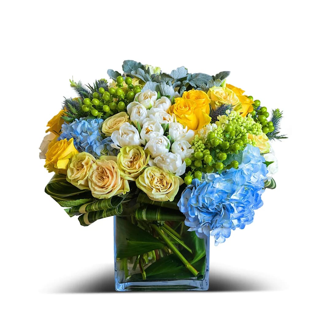 Ocean Skies - This tranquil bouquet combines blue hydrangeas, white tulips, blue sea holly, and greens, capturing the serene beauty of ocean skies. Perfect for creating a calming atmosphere.