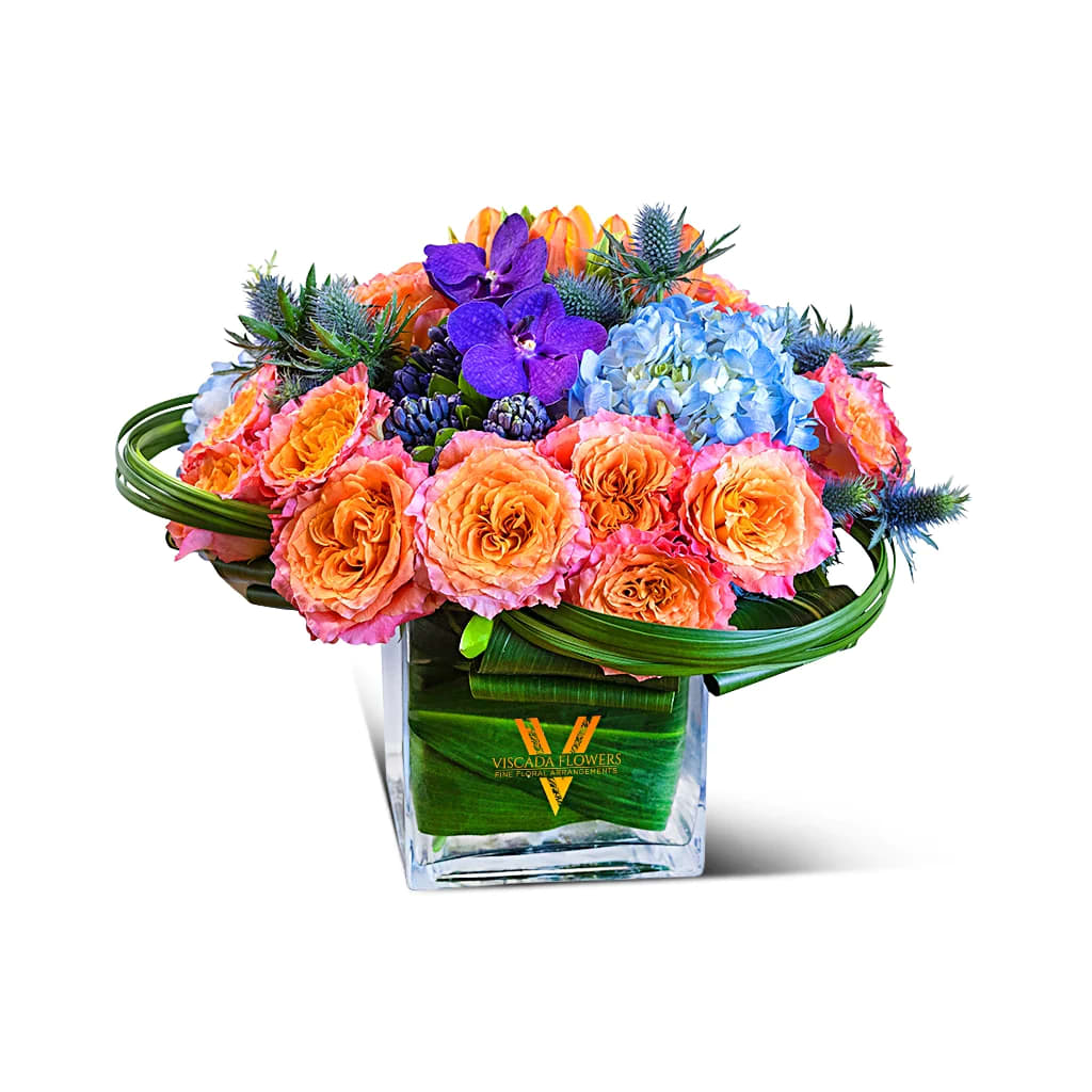 Caribbean Flame - This fiery bouquet combines flaming roses, blue hydrangeas, muscaris, and blue sea holly, capturing the vibrant beauty of the Caribbean. Perfect for adding a pop of tropical allure.