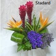 See You at the Bar - Tropical Flowers as shown arranged in a vase. Deluxe version shows more flowers and Premium version shows even more. Photos shown are Standard and Premium version. 