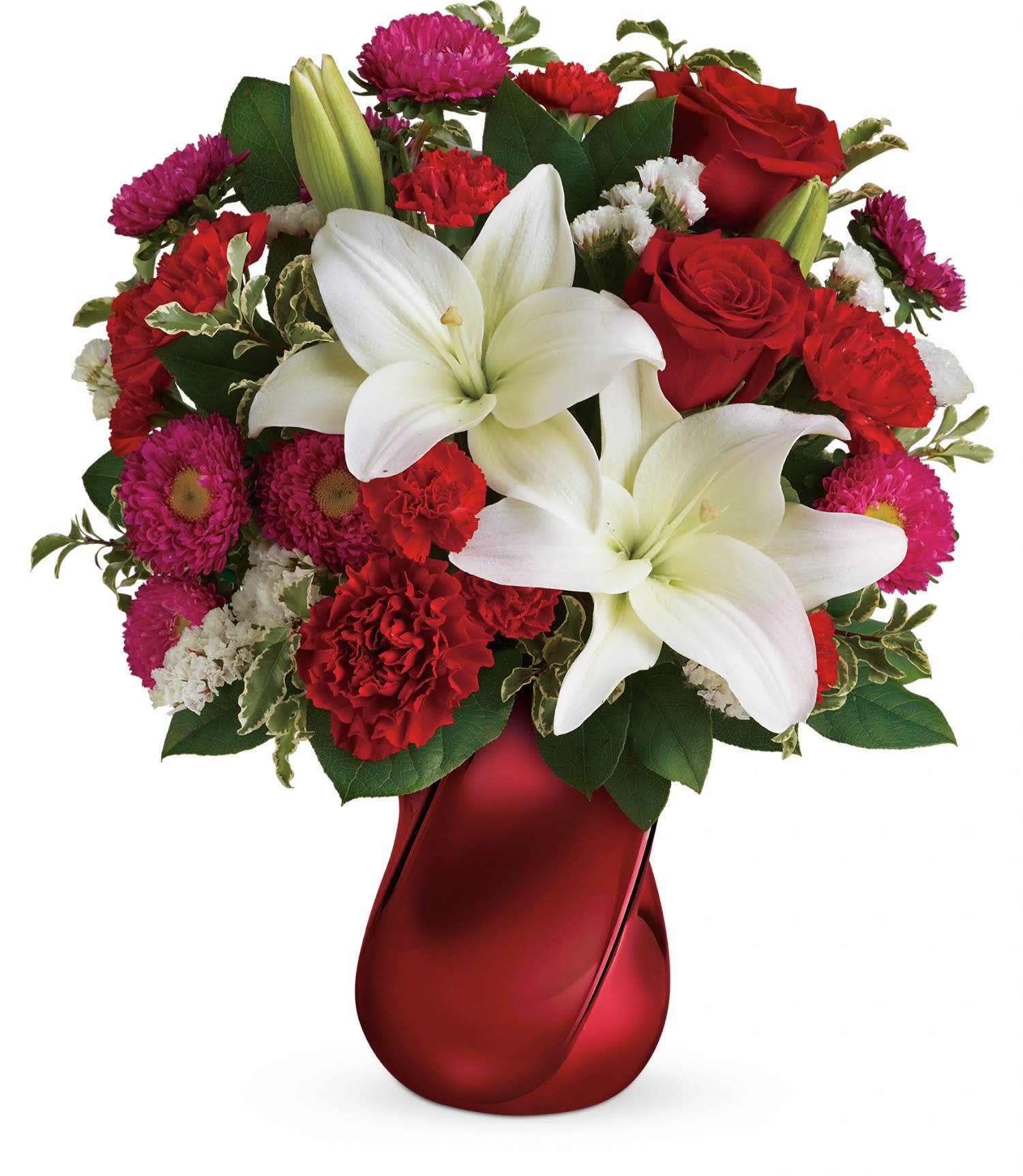 Teleflora's Always There Bouquet DX - Let them know that you'll always be there with this breathtaking red and white bouquet, hand-delivered in a unique ceramic vase with modern twisted design. 