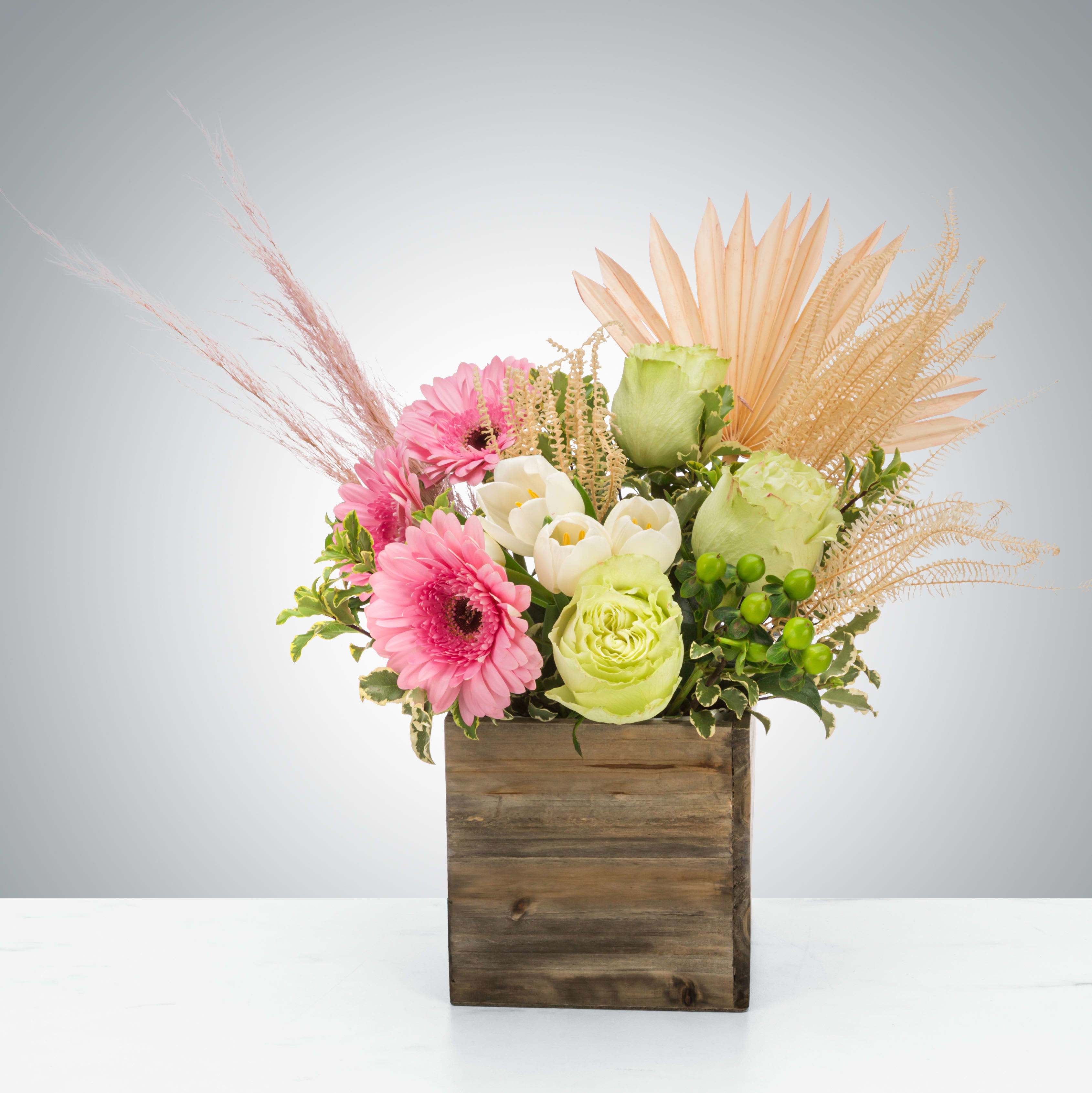 Boho Breeze by BloomNation™ - A boho arrangement featuring an eclectic mix of flowers and textures, this arrangement is a   very trendy gift good for a lot of different occasions.  Approximate Dimensions: 9&quot;D x 13&quot;H
