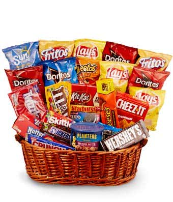 Crunch Gift Basket - Wow a special someone by sending them the Chips, Candy &amp; More Gift Basket! This gift basket is perfect for snack lovers who love sweet treats and savory snacks! It makes a unique birthday, congratulations, and thinking of you gift that's perfect for all ages..     Please note: contents may vary.