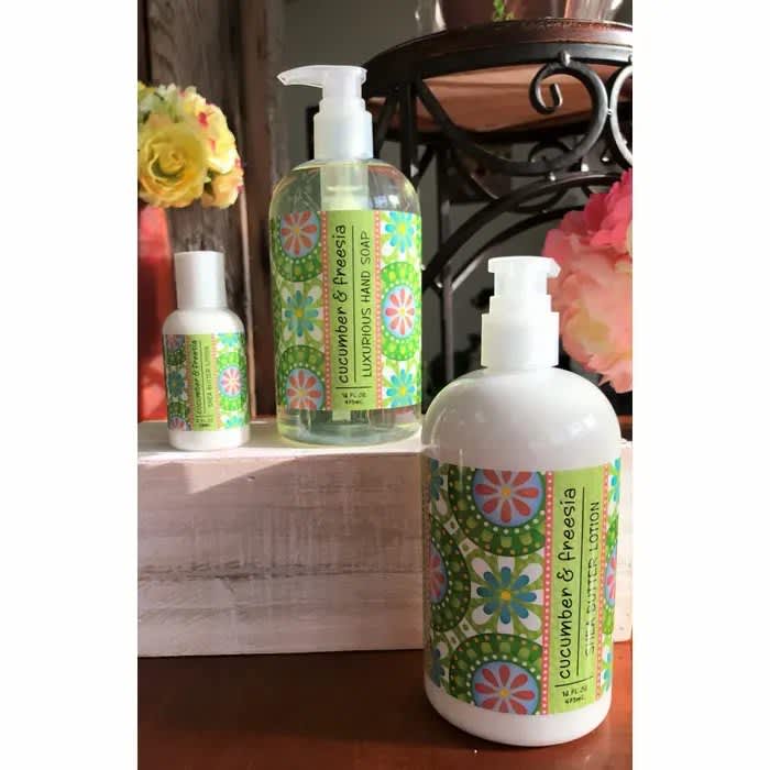 Cucumber and Freesia Shea Butter Lotion Cucumber and Freesia Shea Butter Lotion - The oils, and emollients is what makes this lotion stand out. Besides the charming, clean frangrance, this soaps contains cocoa butter, shea butter, cucumber butter, vitamen E, virgin olive oil, sweet almond oil, and grapeseed oil. This 2 oz. size is perfect for your purse or your desk.