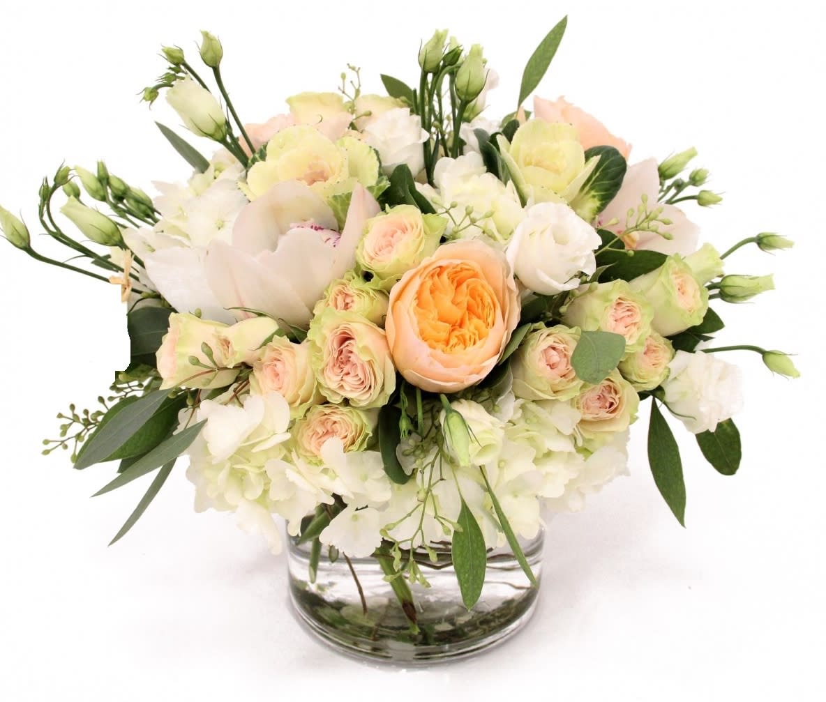 Amore Bouquet - meaning ‘Love’, the Amore bouquet is already something rather special. Designed with the height of romance in mind, we’ve paired a beautiful arrangement featuring hydrangea, apricot garden roses, white roses, peach spray roses, white lisianthus, pink cymbidium heads and greens 