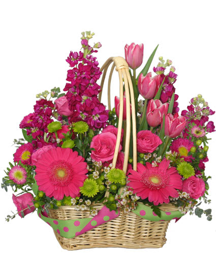MISSING YOU BUNCHES! Flower Basket - Flowers are the perfect way to say, &quot;I miss you and love you!&quot; Hot pink tulips, gerberas, spray roses, and more create a vibrant mix, full of positivity and joy. Tell the ones you love how much they mean to you and how much you miss them with this majestic arrangement! 
