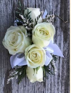 White Rose Corsage - White Ribbon with White Spray Roses Corsage