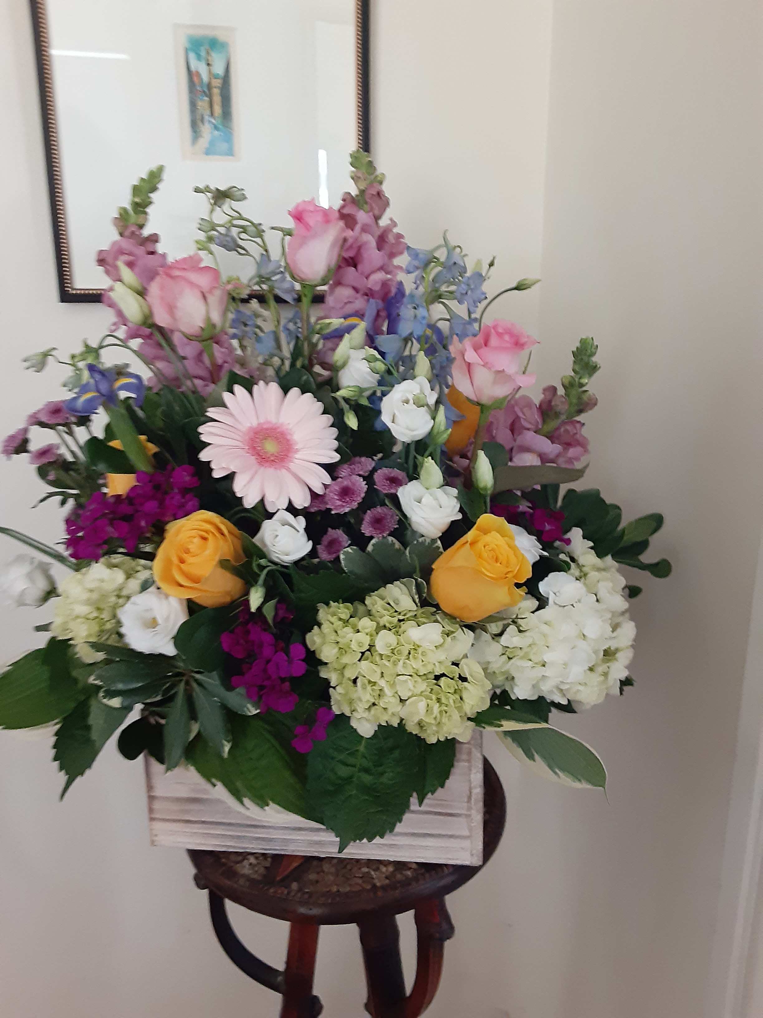 flowers and wood - assorted flowers in wooden box