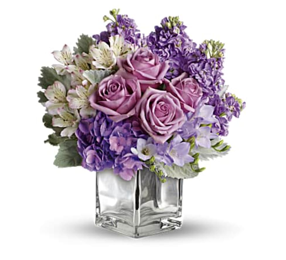 Sweet as Sugar - Surprise her with a beautiful bunch of love - a cute, compact bouquet of lavender flowers in a silver mirrored cube. She'll be dazzled by this classic, yet contemporary gift - and impressed by your impeccable taste.