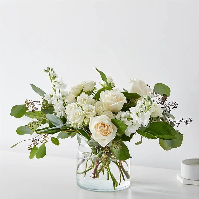 Fresh Linen Bouquet - Let the breeze run through the white roses, daisies and snapdragons for an elegant botanical touch to any interior.