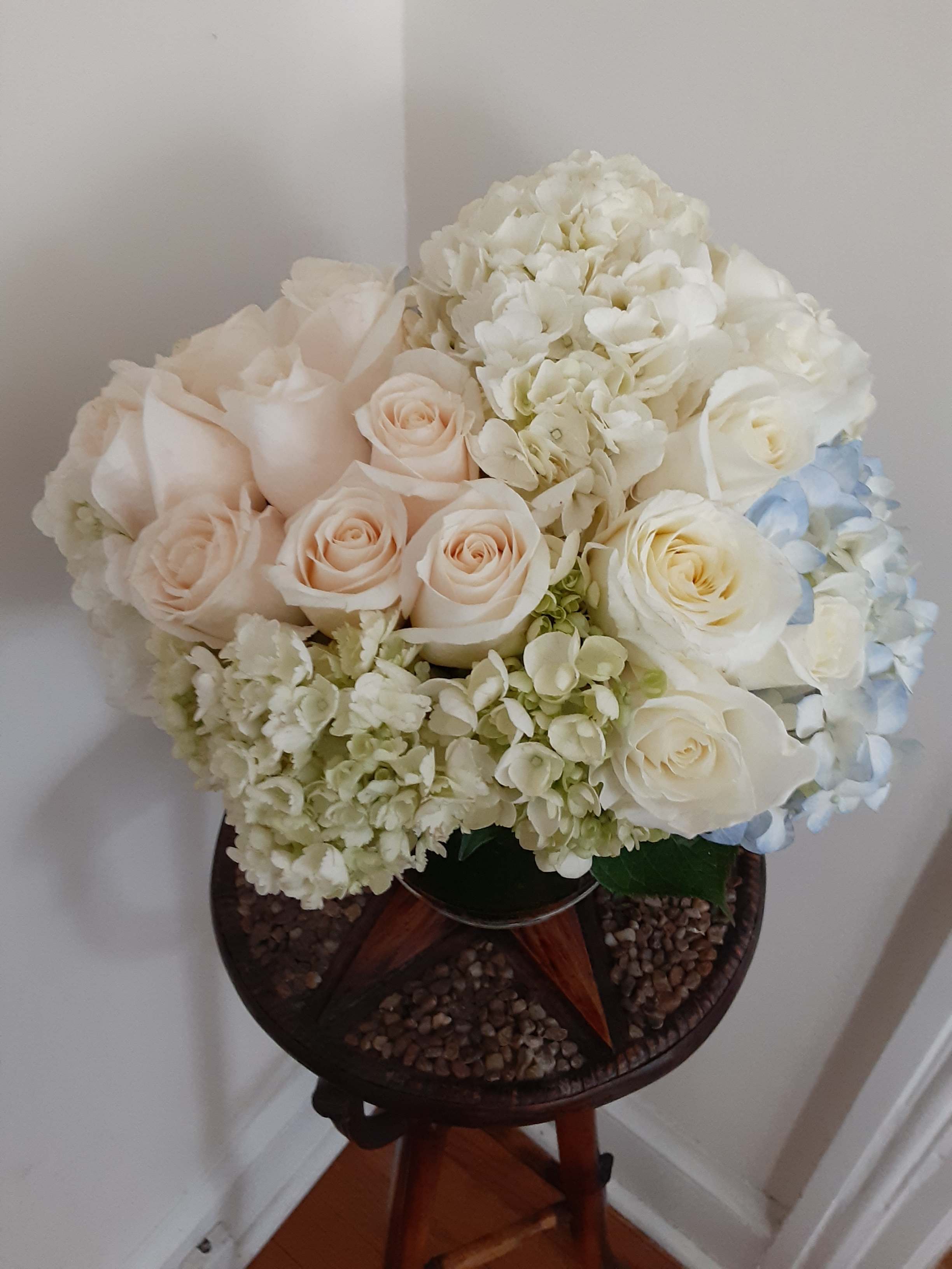creme roses and hydrangeas - hydrangeas and roses in cylinder vase