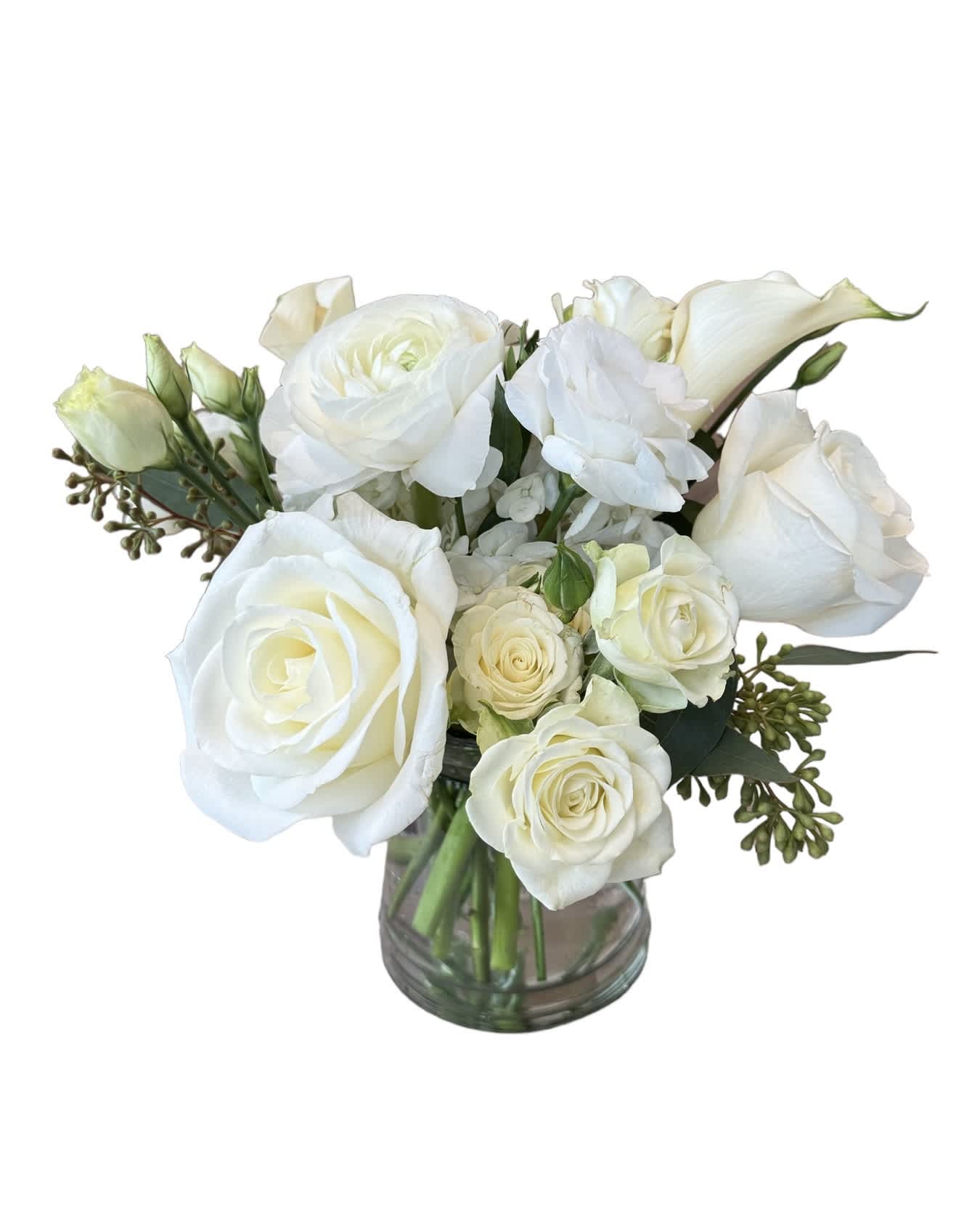 High Top Table Centerpiece High Top Table Centerpiece - White rose, white ranunculus, white calla lily, white spray rose and eucalyptus designed in a glass vase.
