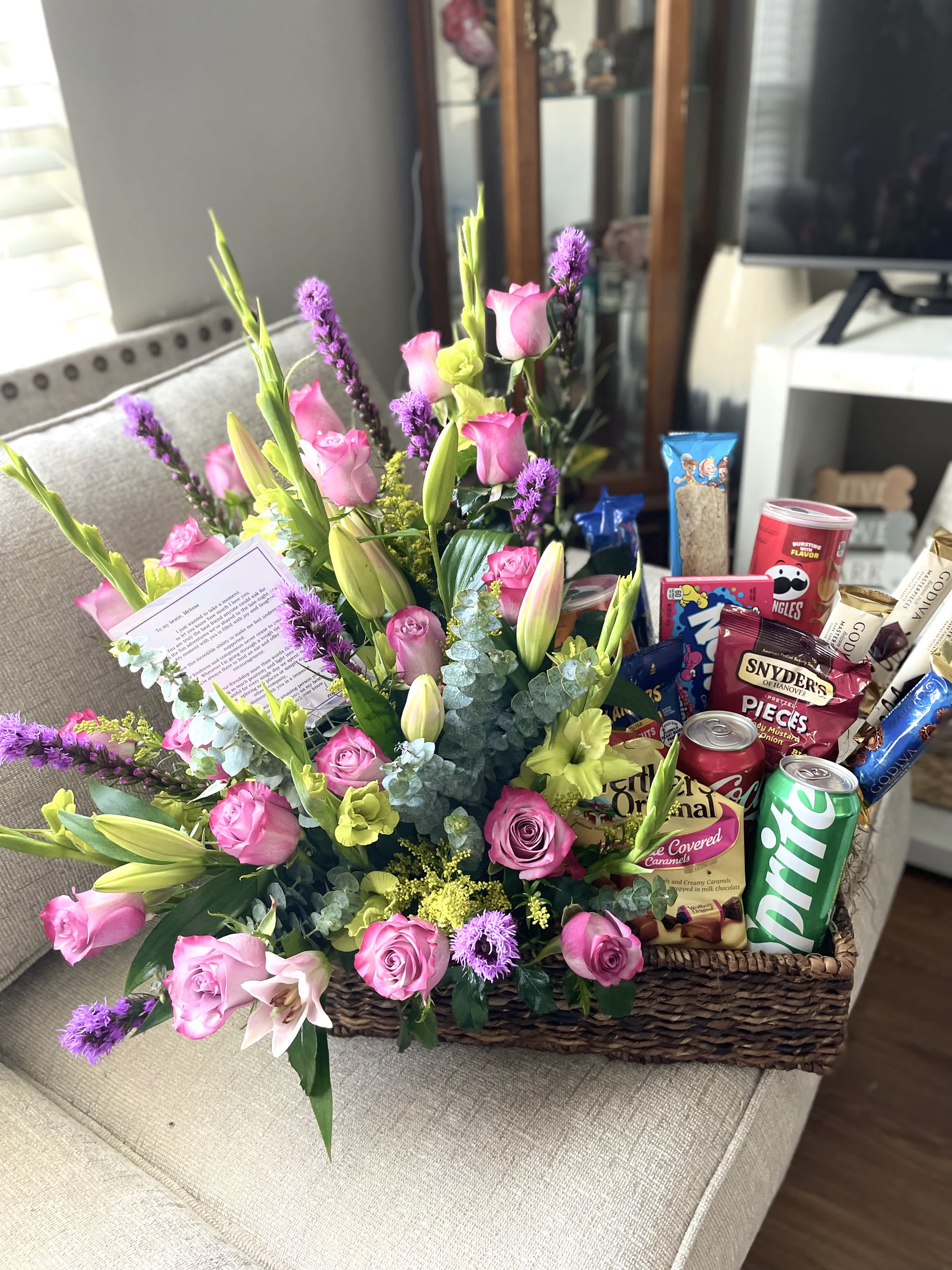 Flower and snack basket  - A beautiful combination of flowers and snack for any occasion. 