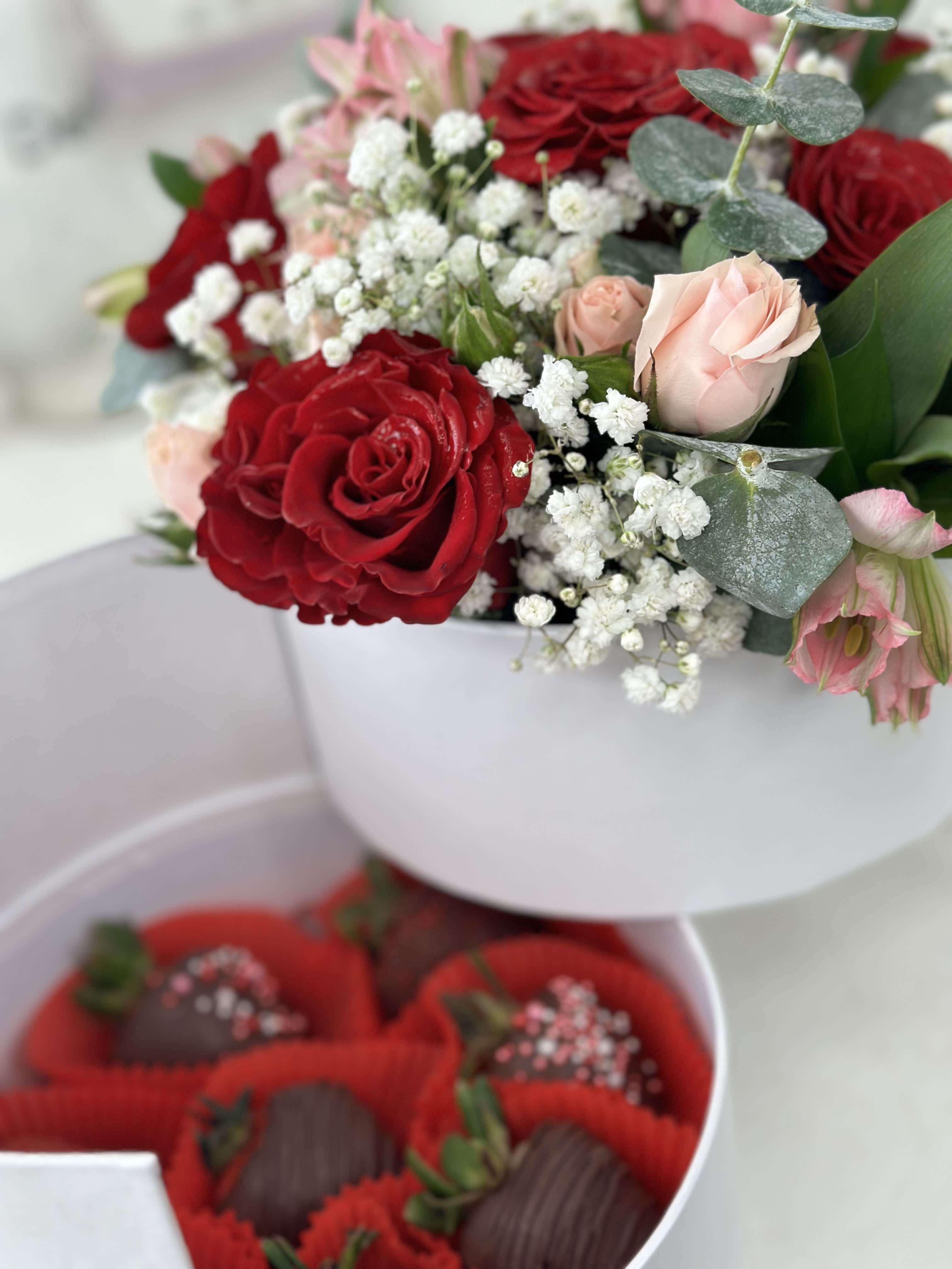 Box of Strawberries and Spray Roses