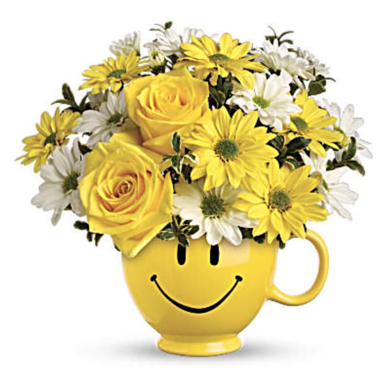 Be Happy - When you're looking to make someone smile, this happy face mug of roses and daisies is tops. Sure to cheer up everyone!
