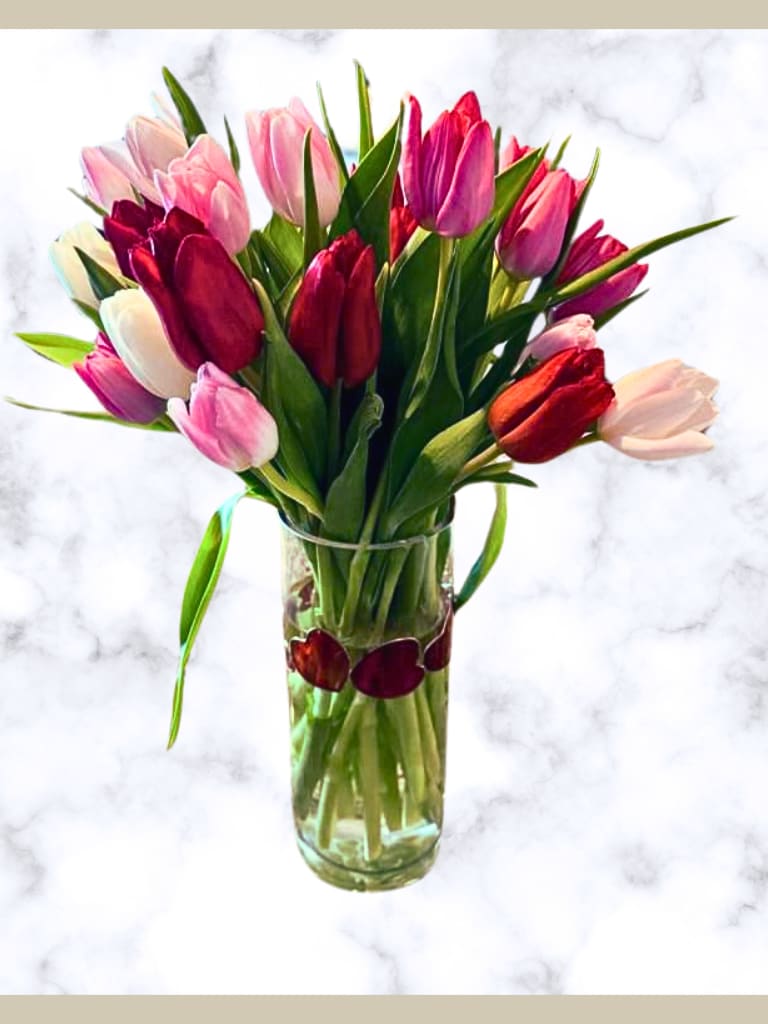 Tulips - Twenty-five fresh tulips. A classic beloved flower for many centuries that has been known to represent perfect and deep, unconditional love.