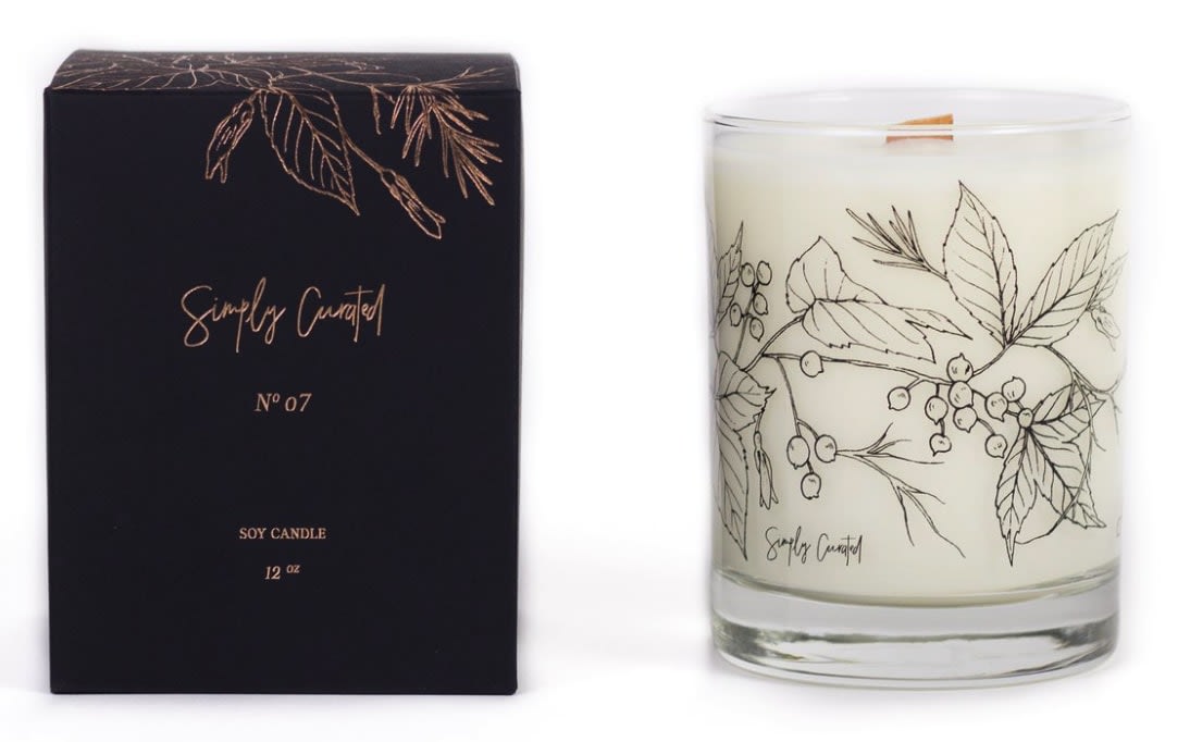 BOTANICAL COLLECTION NO. 07 - The Dark Edition of our Botanical Collection was inspired by our desire to expand our Botanical Collection with moody, deep and complex fragrances. The fragrances are mirrored in the vintage-inspired drawings on the glassware &amp; custom boxes.  The fragrances were developed by expert perfumers and the original drawing for each fragrance was designed by MI artist Esther Clark.   Each fragrance has its unique drawing wrapped around the glass as well as on the corresponding box. The box is black with rose gold foil printing.   No. 07 Top notes: Cassis, Smoked Suede, and Pine Needle  Heart notes: Oakmoss, Dry Earth, and Ashes  Base notes: Palo Santo, Gurjon Balsam, and Musk  12 oz. 75 hour burn time