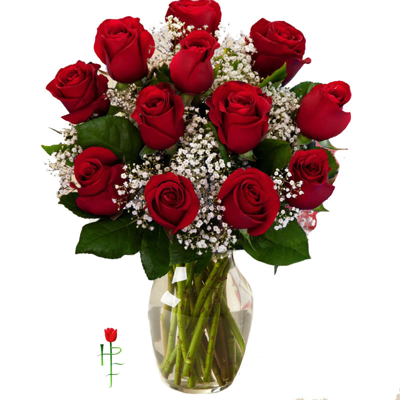 Flowers of Love - glass vase arrangement consist of 12 roses, babysbreath, foliage 