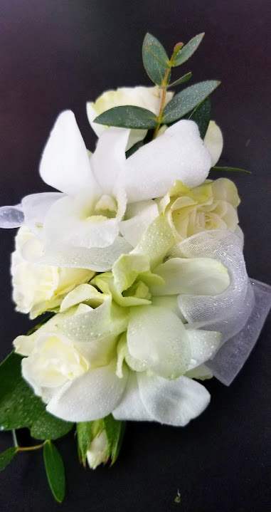 Dendrobium Orchid and Rose Corsage - White Dendrobium Orchid and White Spray Rose Wrist Corsage