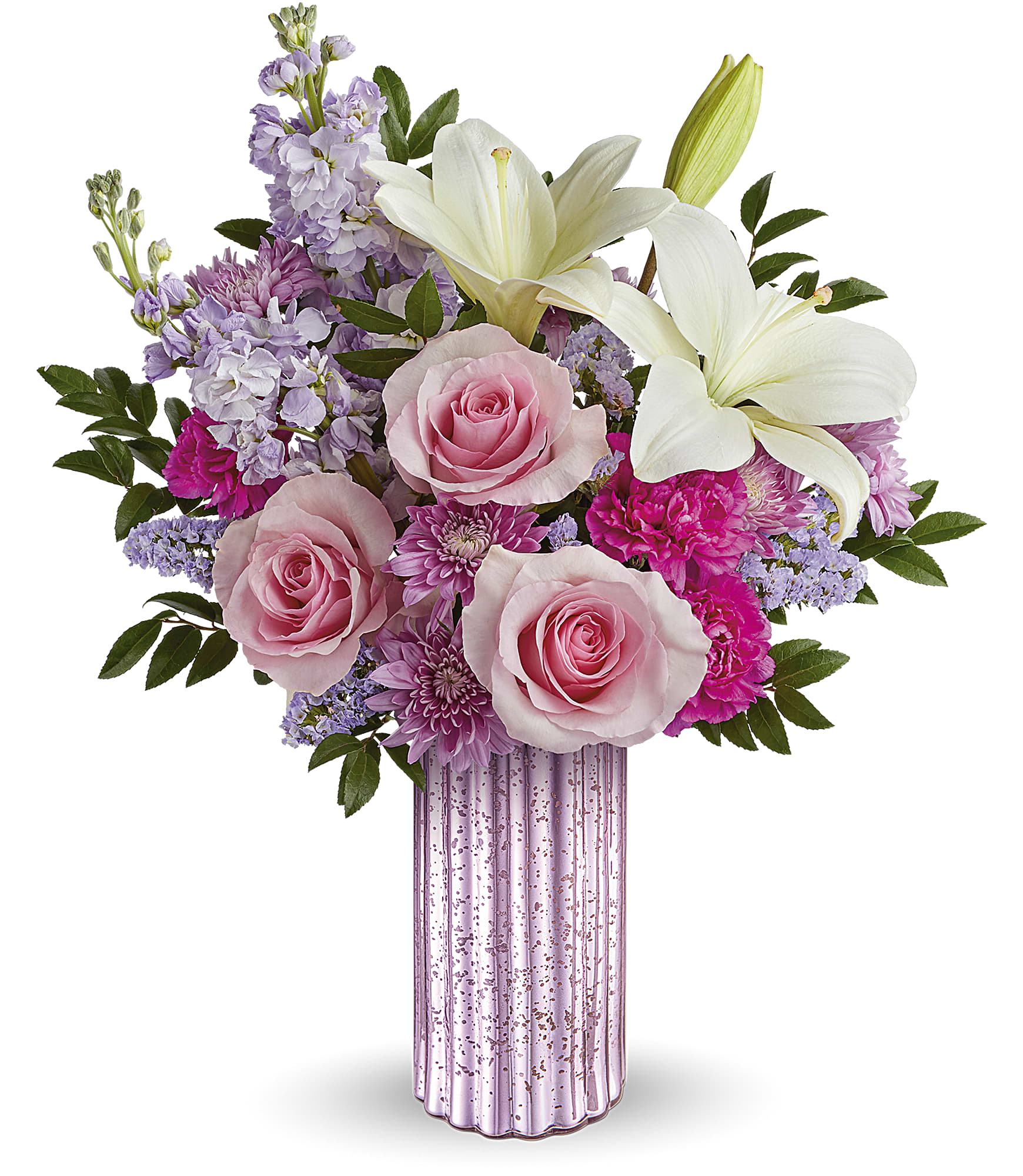 Sparkling Delight  - Sparkle up her Mother's Day with Teleflora's Sparkling Delight Bouquet, featuring a breathtaking bouquet of roses, lilies, and lavender accents elegantly presented in a sculpted glass vase with a lavender mercury-inspired finish.. Pink roses, white asiatic lilies, hot pink carnations, lavender stock, lavender cushion spray chrysanthemums, and sinuata statice are arranged with huckleberry in Teleflora's Sparkling Delight vase, creating a stunning Mother's Day bouquet. Approximately 17 1/4&quot; W x 19&quot; H