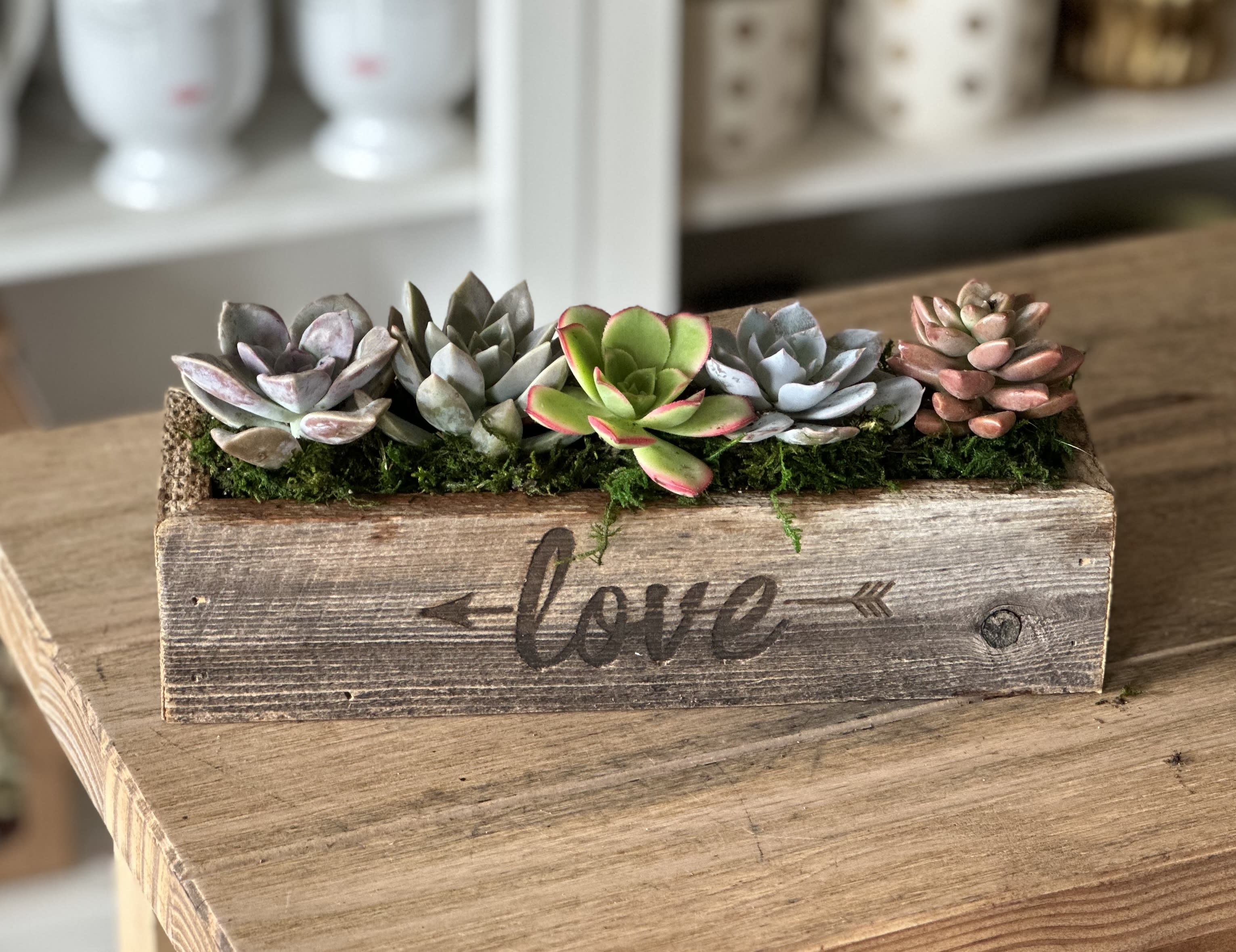 All You Need Is Love  - The Beatles said it best All you need is love! Make a truly original tribute to love with our All You Need Is Love planter box! It is a beautiful piece of art with its reclaimed wood construction, rustic styling, and colorful succulents. The perfect gift for a loved one or friend, this charming planter will be an eye-catching addition to any room.  