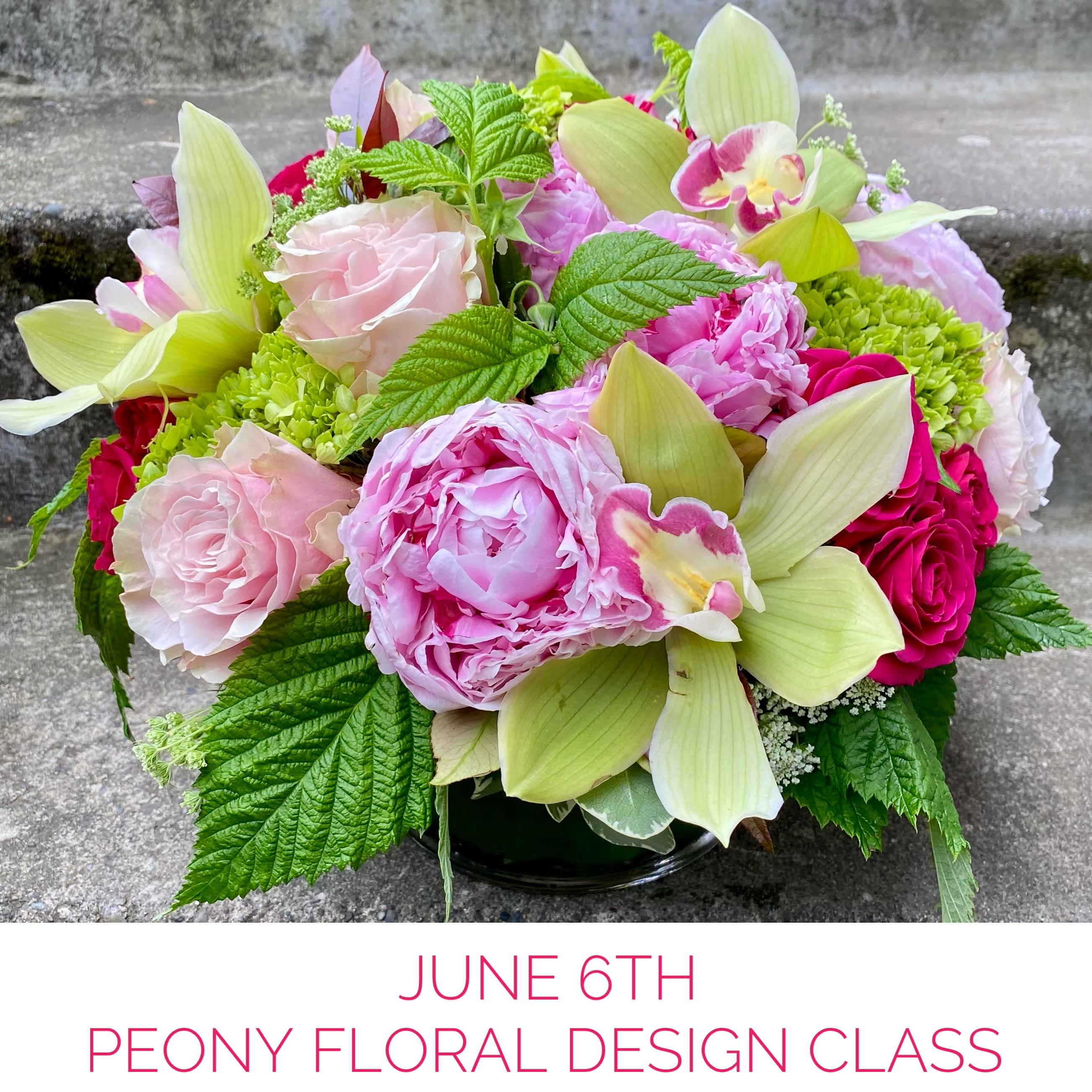 June 6th Peony Floral Design Class - Learn new floral design skills with our fun workshops in pavé floral design. From beginners to experienced floral designers, there is something for everyone in our classes. We teach how to build the foundation of a floral arrangement, finishing touches as well as tricks of the trade. Students will learn simple secrets and tools that will last a lifetime so that every time they put flowers into a vase they will last longer. At the end of the evening, they take home an Instagram worthy floral arrangement worth $150 that they have created which has a value of $150 along with a gift bag of tools worth $25 to that will make it even easier create beautiful florals at home.  We were the first florist in Seattle to teach floral design classes in our studio. Our first class was the result of a customer who wanted to throw herself a fun birthday party and asked if we would put on a class for her and a few friends. That was in 2007, and since then hundreds of students have taken our classes and learned valuable tips and techniques to create beautiful and long-lasting arrangements. Our methods are simple, and the techniques are easy to put into use in most styles of floral design. Many of our students have gone on to pursue a career in floral design, while others have put their new skills to use creating beautiful arrangements for personal enjoyment and as gifts.  The classes follow the season, beginning with spring Flowers featuring tulips, followed by designing with peonies then dahlias and finish with fall florals. In addition to the classes in pavé floral design, we offer classes sharing how we create our wildly popular, award-winning texture boxes as well as a class in holiday wreath decorating.  Classes are taught in our studio on the north side of Green Lake. They begin at 6:00 pm and end around 9:30. Students are welcome to stay after class to ask questions or take photographs of their arrangement with our studio lighting. Registration is limited to eight students per class.  It is always more fun to learn with a friend. Select the deluxe version to register with one friend or premium to register with two friends and you will each save $10. Be sure to include the names of who you are registering in the “Special Instructions” section during checkout so that we know who is coming.  Private Classes Or maybe you would like a class for just you and your besties. Check out our Class Information and the Class FAQ pages for details on how to book a private class. You bring the wine; we will supply the glasses and a really fun time! Private classes are great for team building events, baby and bridal showers, birthday parties and holiday parties.  Gift Certificates We offer gift certificates for our classes. Let us know in the &quot;Special Instructions&quot; section at checkout that you would like a gift certificate for this class and include the name, phone number and email of the recipient so that we can keep them in the loop about the class. You can also call us to buy a gift certificate that is good for any class.  Registration Purchasing this item is registering for this specific class. The deluxe version is registration for two people for this class and the premium version registers three people for this class. So that you do not have to pay a delivery charge, checkout defaults to in-store pick up. Be sure to use June 6th, 2024, as the pick-up date. Classes begin at 6 pm but you will be requested to select a time window for pick-up during checkout. Please use 3:00 to 5:00, even though the class begins at 6:00 pm. Of course, we would love to talk with you when you register so feel free to give us a call at (206) 329-3944.