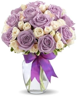PERFECT DAY BOUQUET - These are just lovely! beautiful With white roses symbolising love and innocent romance purple roses depicting happiness and joy is the perfect gift to say &quot;Thank You&quot; or &quot;You're wonderful&quot;. 