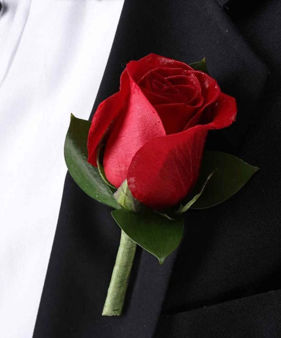 Red Rose Boutonniere - Single Red Rose with Greenery  **Deluxe Sizing includes Baby's Breath