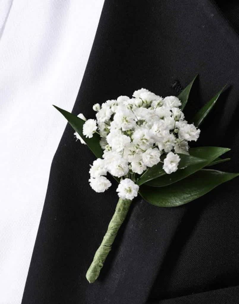 Baby's Breath Boutonniere Baby's Breath Boutonniere - A sprig of fresh baby's breath with greenery backing