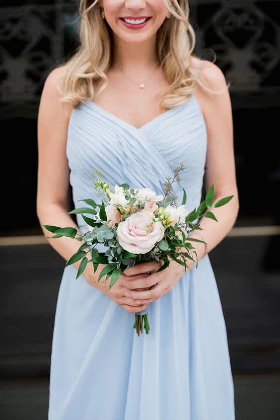 Pastel Princess Bouquet - A mix of varying types of eucalyptus, italian ruscus, blush pink roses and white freesia.  Color palette shown is blush pink and white, if you are looking for a different color palette, please indicate so in the special instructions.  