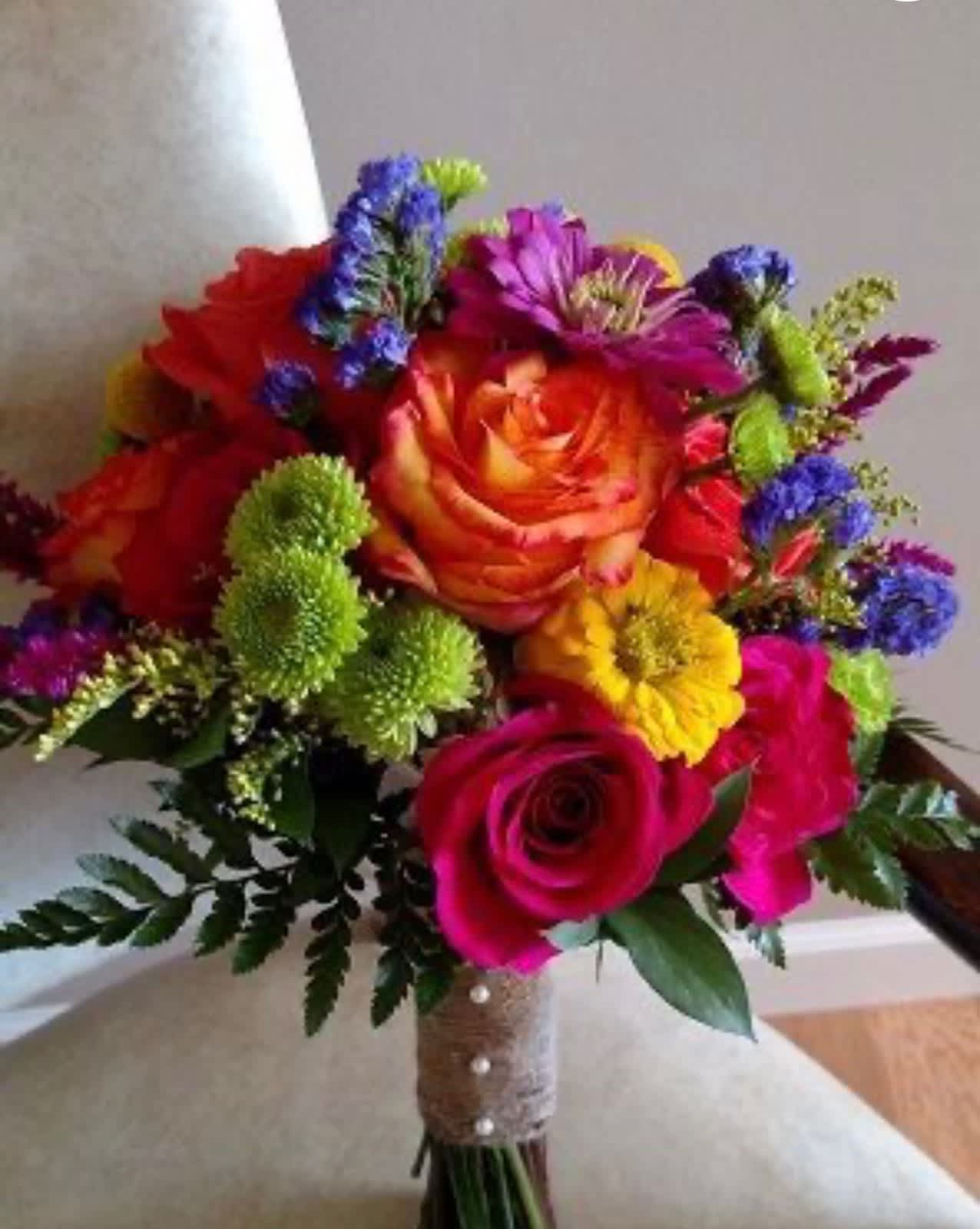 Skittles Prom Bouquet - Mix of Roses, Mums, Statice, Zinnia (Gerbera daisy will be used in place of zinnias based on availability) , and aster