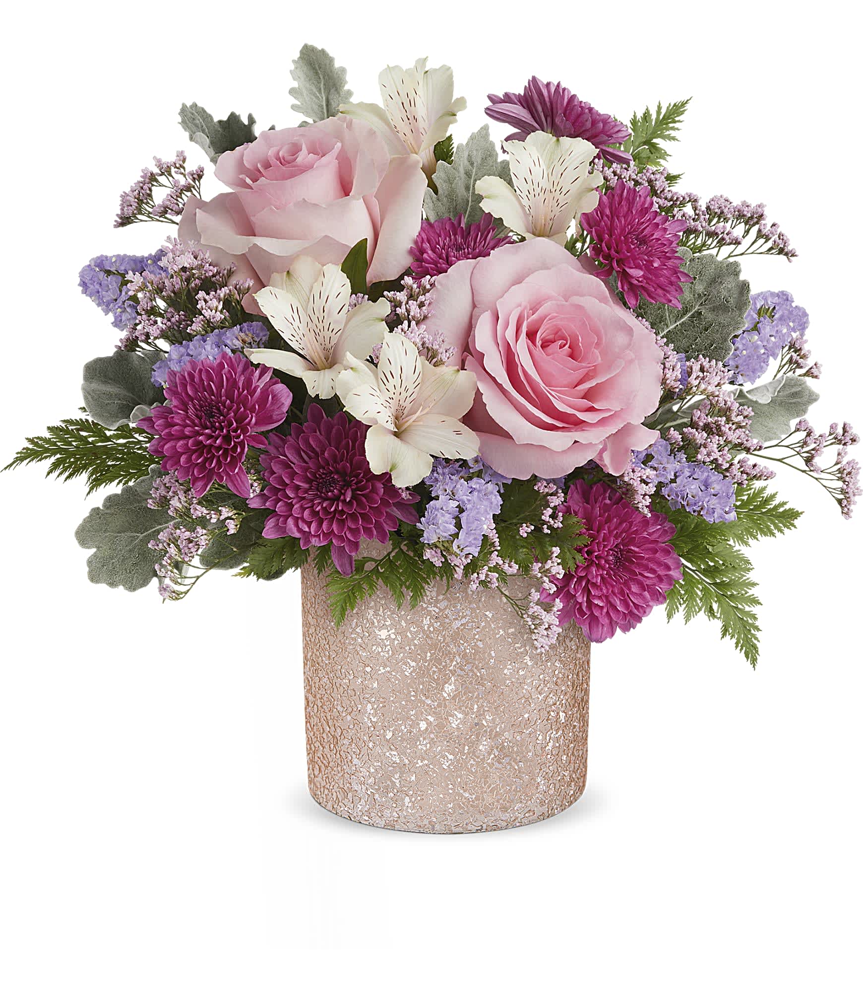 Blooming Brilliant - Add a touch of sparkle to Mom's day with Teleflora's Blooming Brilliant cylinder, boasting a crushed glass texture and a soft ballerina pink hue, perfect for showcasing a dreamy Mother's Day bouquet. Elevate mom's day with Teleflora's Blooming Brilliant cylinder, boasting a crushed glass texture in ballet pink, perfectly complementing a bouquet of pink roses, ivory alstroemeria, purple cushion spray chrysanthemums, lavender sinuata statice, pink limonium, dusty miller, and leatherleaf fern, a dazzling Mother's Day surprise. Approximately 14&quot; W x 12 1/2&quot; H