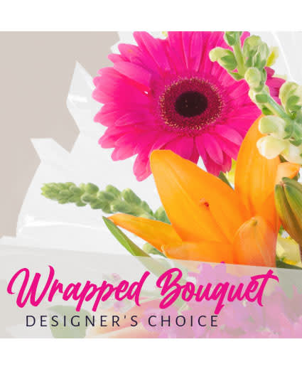 Wrapped Bouquet of Designer's Choice of flowers - Don't need another vase?? This bouquet of hand selected flowers will be a beautifully wrapped and is available for delivery or pick up.      