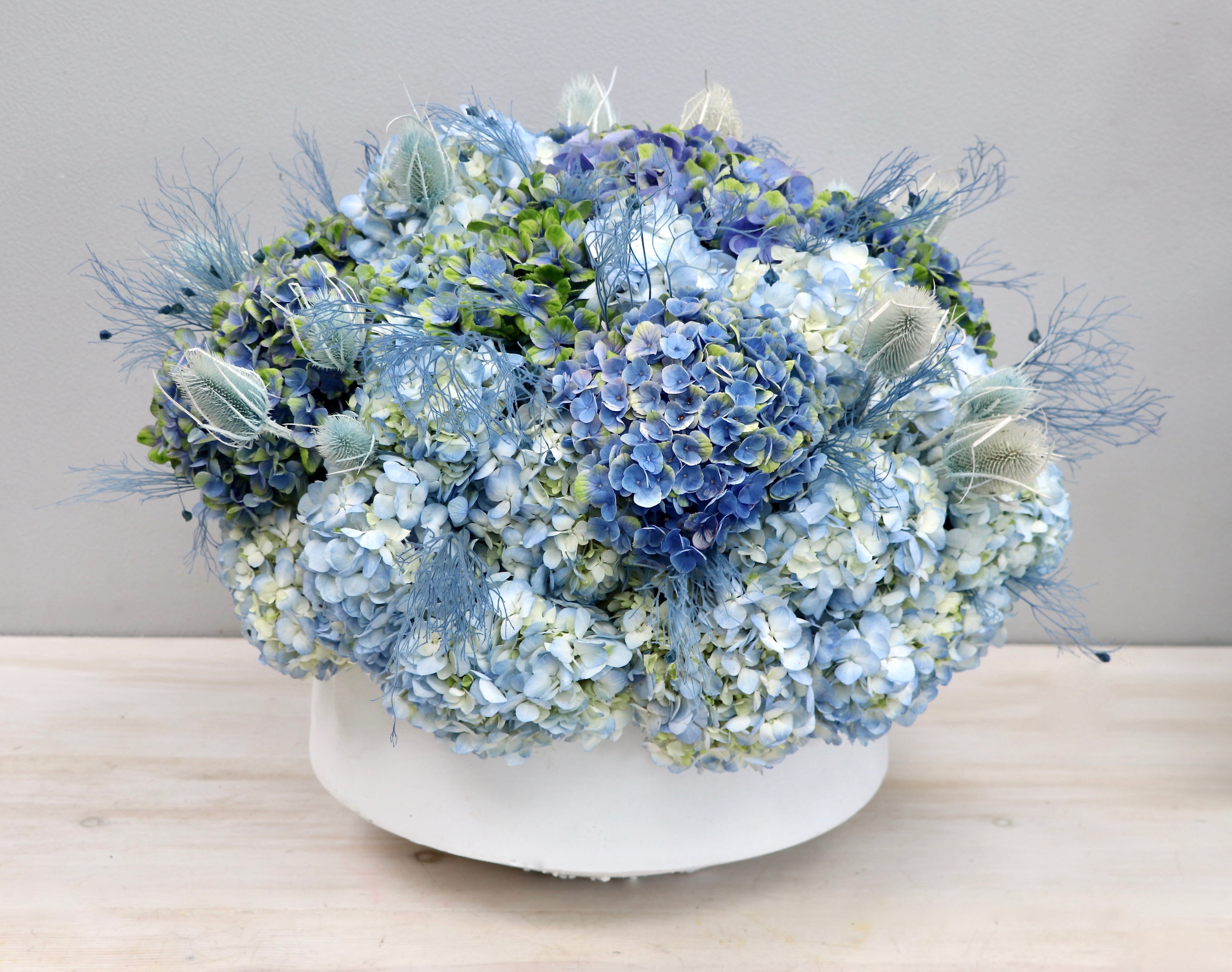 Sky High Blues - My Glendale Florist  - Go grand with this beautiful arrangement orchestrated with sweetly hued blue hydrangeas. The photo shown is in the standard size, please order 24 hours ahead of time. 
