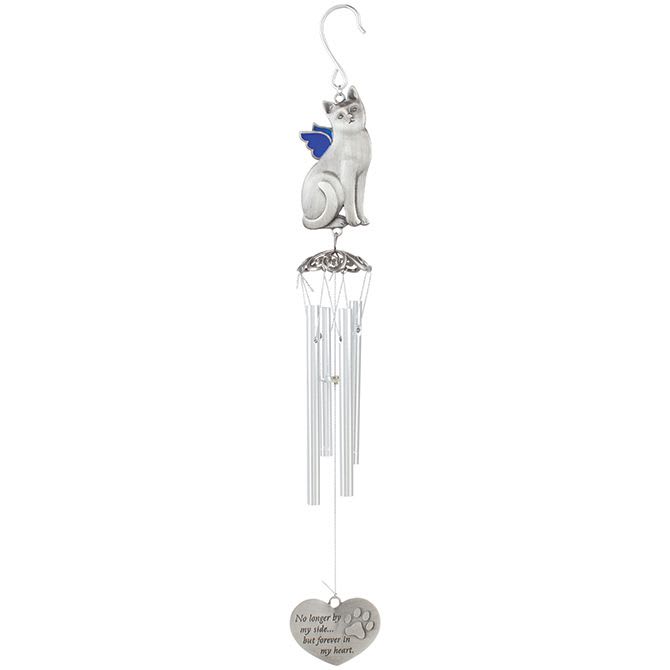 Cat Pewter Wind Chime  - Our pewter chimes include 5/8&quot; diameter solid rods and the sail is engravable on the back.  E: 1.75&quot; H: 17.5&quot;