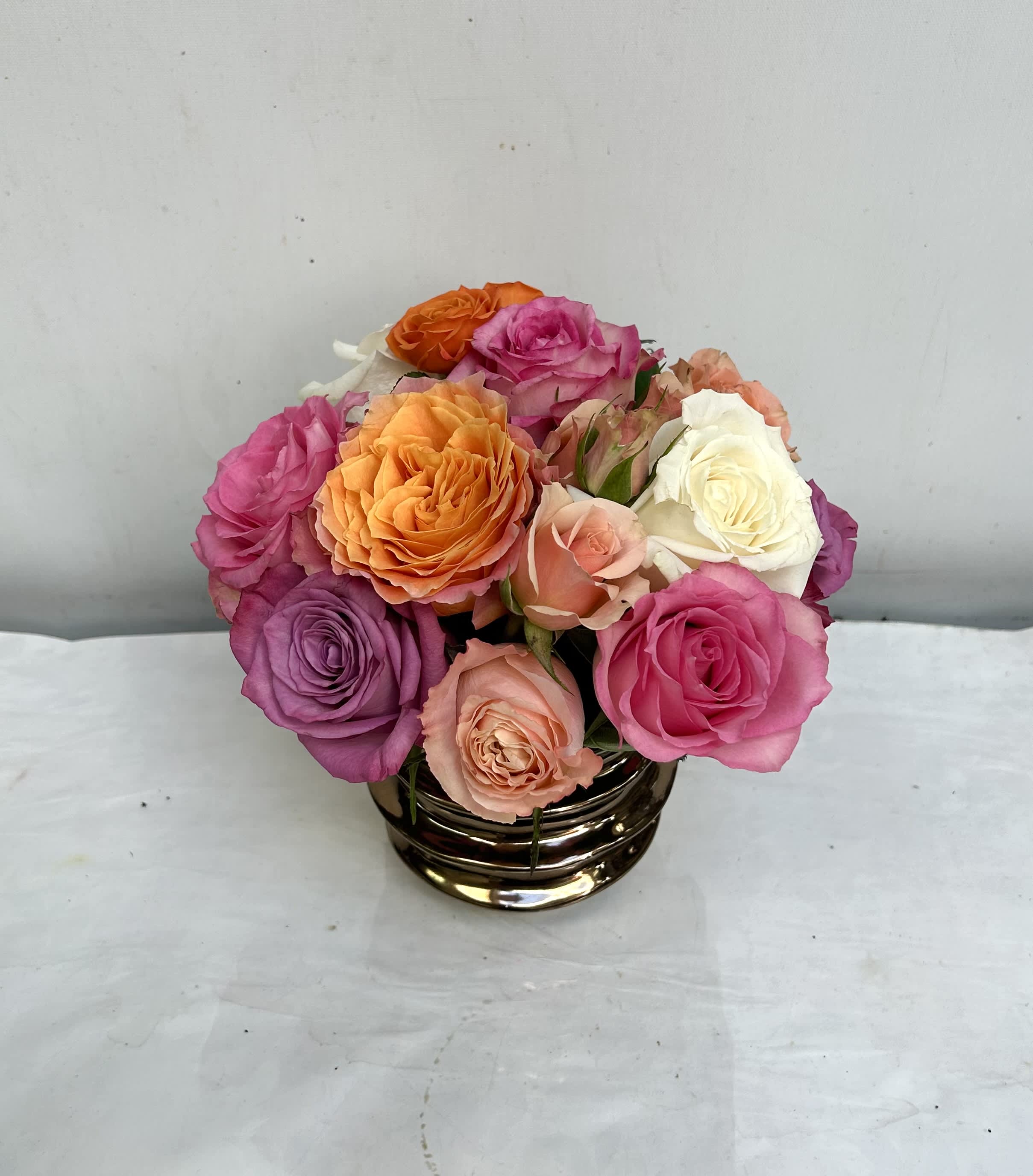 Sorbet  - A colorful mix of roses in a gold keepsake compote!