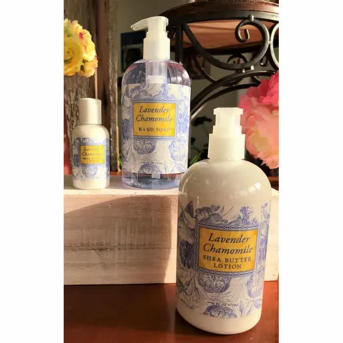 Lavender and Chamomile Hand and Body Lotion - A luxurious hand and body lotion, in a generous 16 fl oz size bottle with a pump dispenser. Enriched with shea butter, cocoa butter and essential oils of lavender &amp; chamomile 