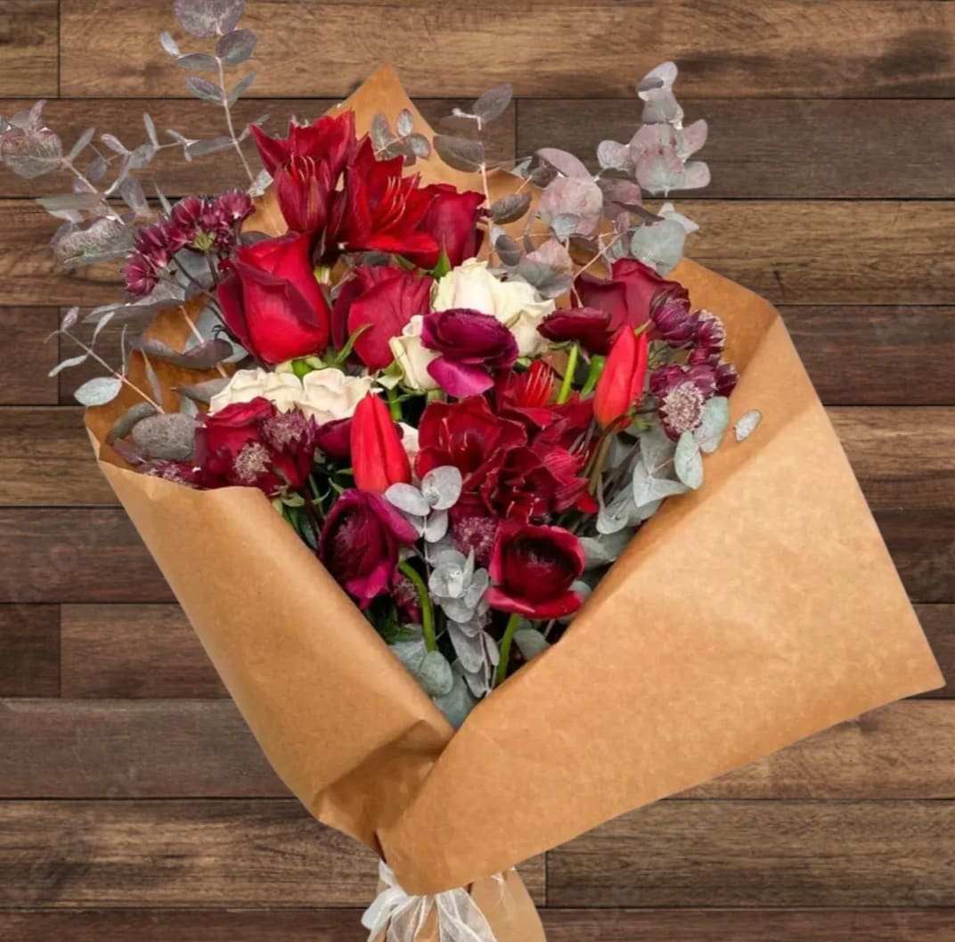 Ruby Red Bundle  - A gorgeous wrapped bundle featuring deep burgundy, bright red, and soft blush blooms 