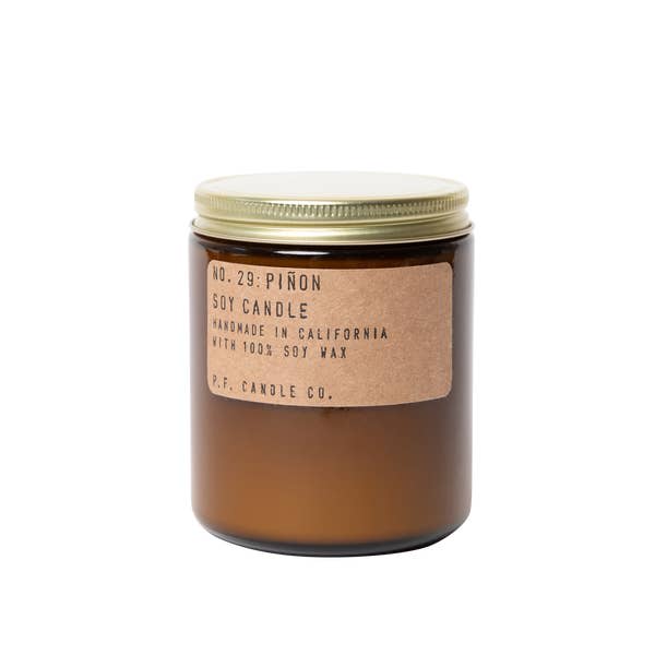 Piñon - P.F. Candle Co. Piñon - 7.2 oz Standard Soy Candle          7.2 oz Item Quantity 6    Our most popular size, meant for basically everywhere. Our candles are simple: they're all made with 100% domestically grown soy wax, fine fragrance oils, and cotton-core wicks. The fragrances we use are paraben-free, phthalate-free, and never (ever) tested on animals. Piñon. Winters in the Southwest, lingering bonfires, wool jackets in rotation. Notes of pin?on logs, cedar, and vanilla. Size: 7.2 oz 40-50 hr burn time Our most popular size, meant for basically everywhere. Our candles are simple: they're all made with 100% domestically grown soy wax, fine fragrance oils, and cotton-core wicks. The fragrances we use are paraben-free, phthalate-free, and never (ever) tested on animals. Piñon. Winters in the Southwest, lingering bonfires, wool jackets in rotation. Notes of pin?on logs, cedar, and vanilla. Size: 7.2 oz 40-50 hr burn time