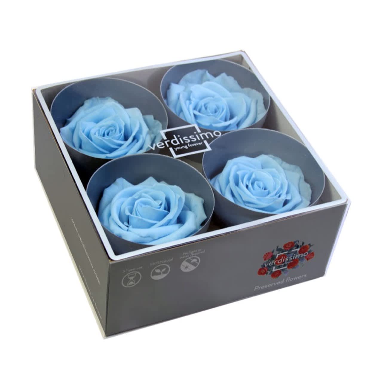 Preserved Roses - 4 pack - Light Blue - Preserved roses are real roses last 1 - 5 years and require no water and no sunshine.   They make a great alternative to a fresh rose and will display its vibrant colour for years. 