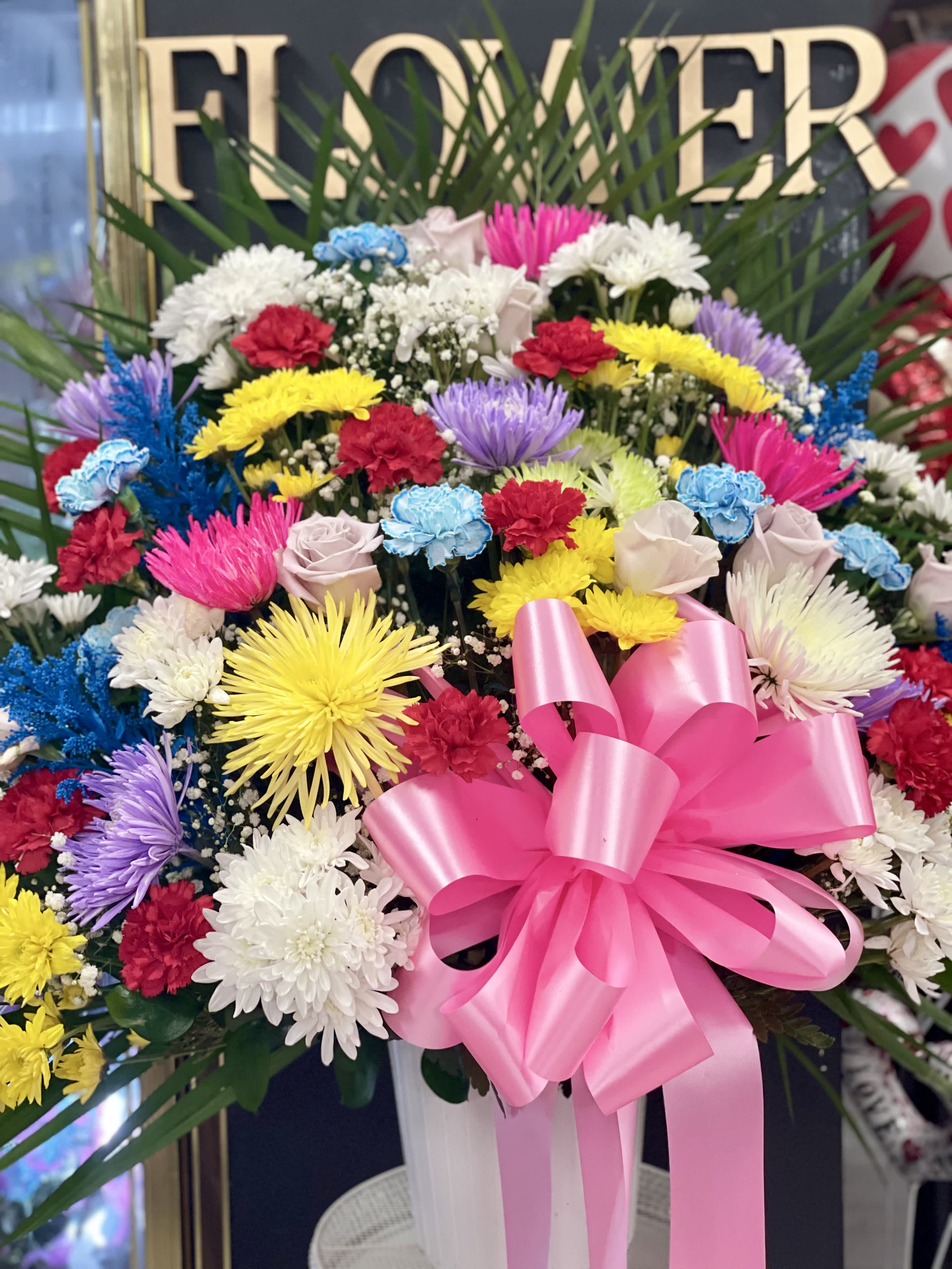 sympathy basket - By 3 Roses Flower Shop. - Sympathy basket with mix flowers for church or funeral services. Mix of colors and a mix of flowers, colors can be change upon request. 