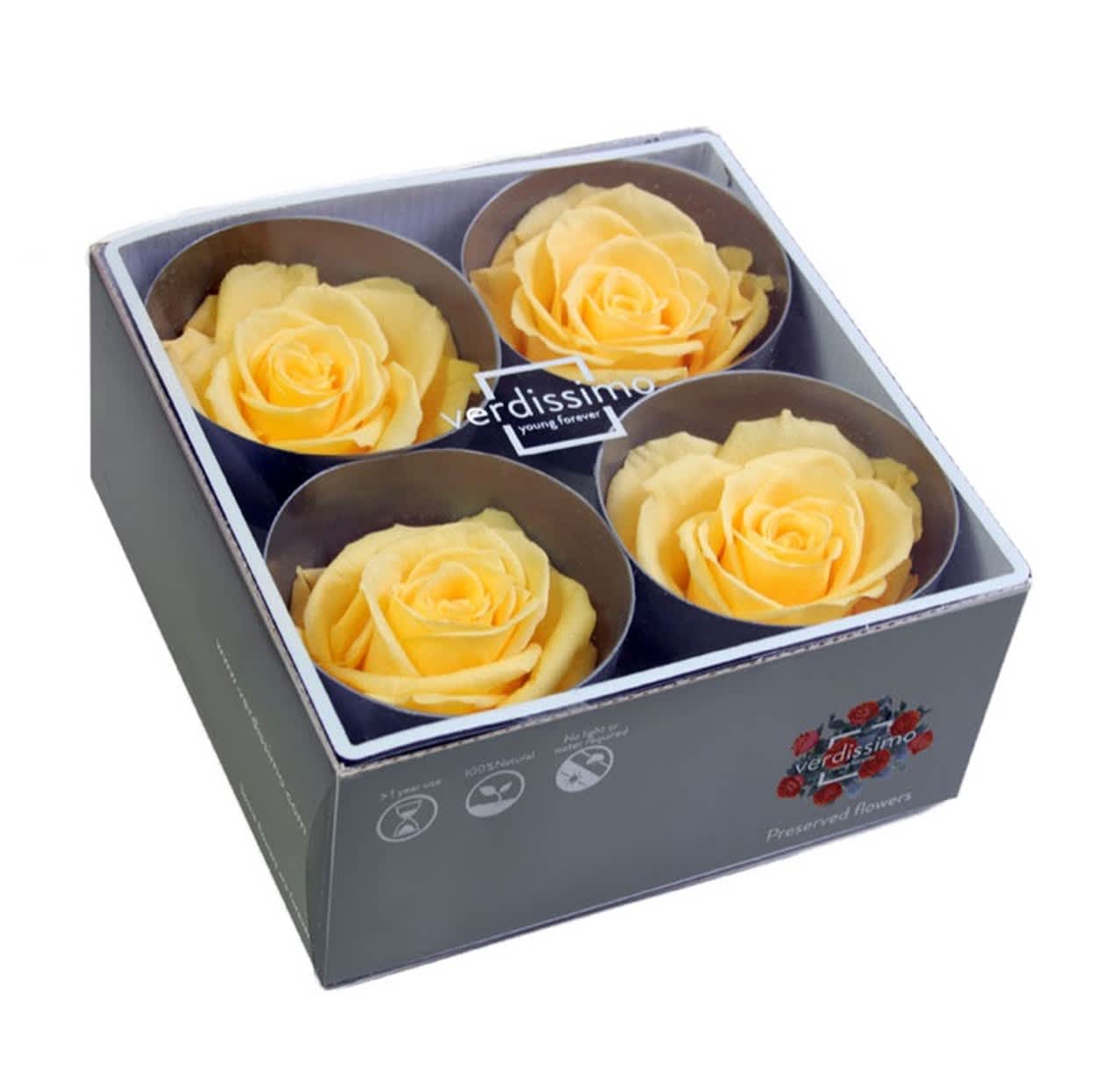 Preserved Roses - 4 pack - Yellow - Preserved roses are real roses last 1 - 5 years and require no water and no sunshine.   They make a great alternative to a fresh rose and will display its vibrant colour for years. 