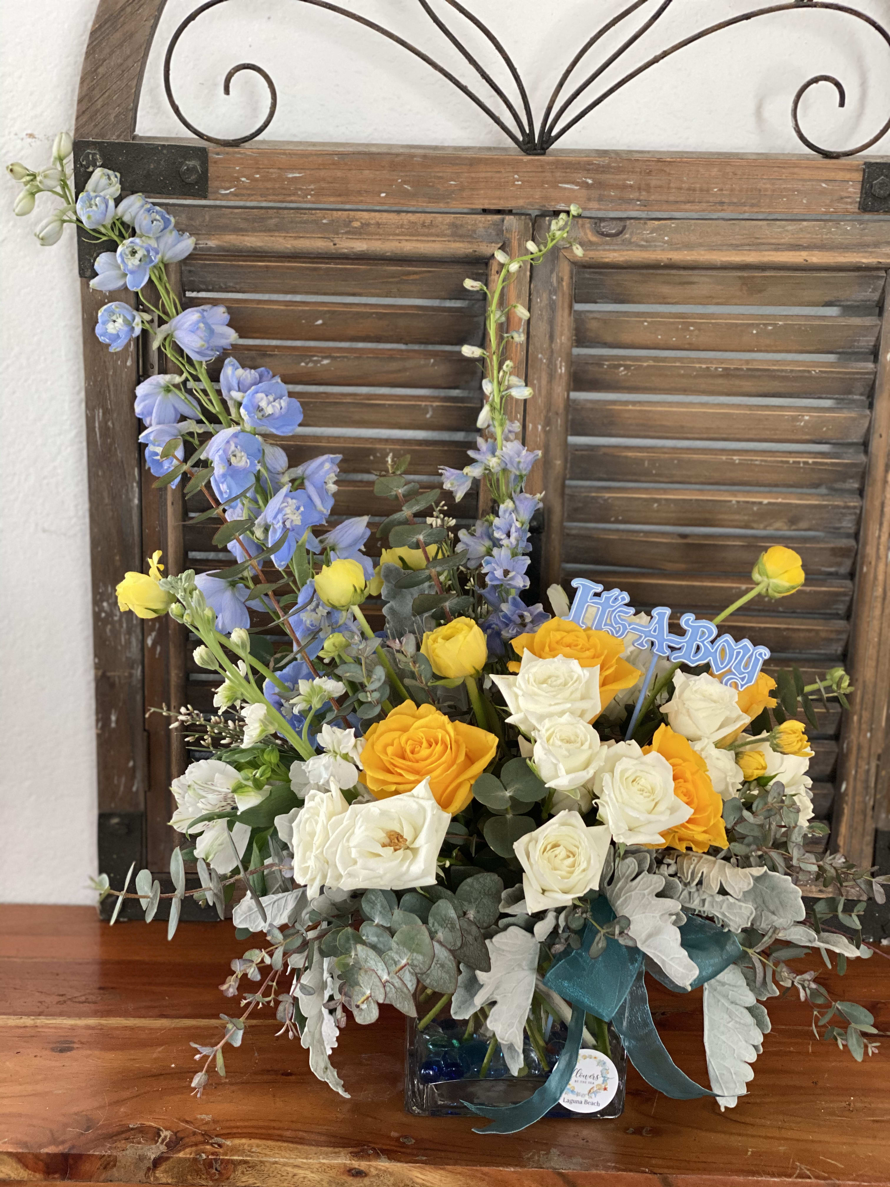 It's Boy  - So cute baby blue arrangement  in square clear vase, in blues and yellow fresh flowers.