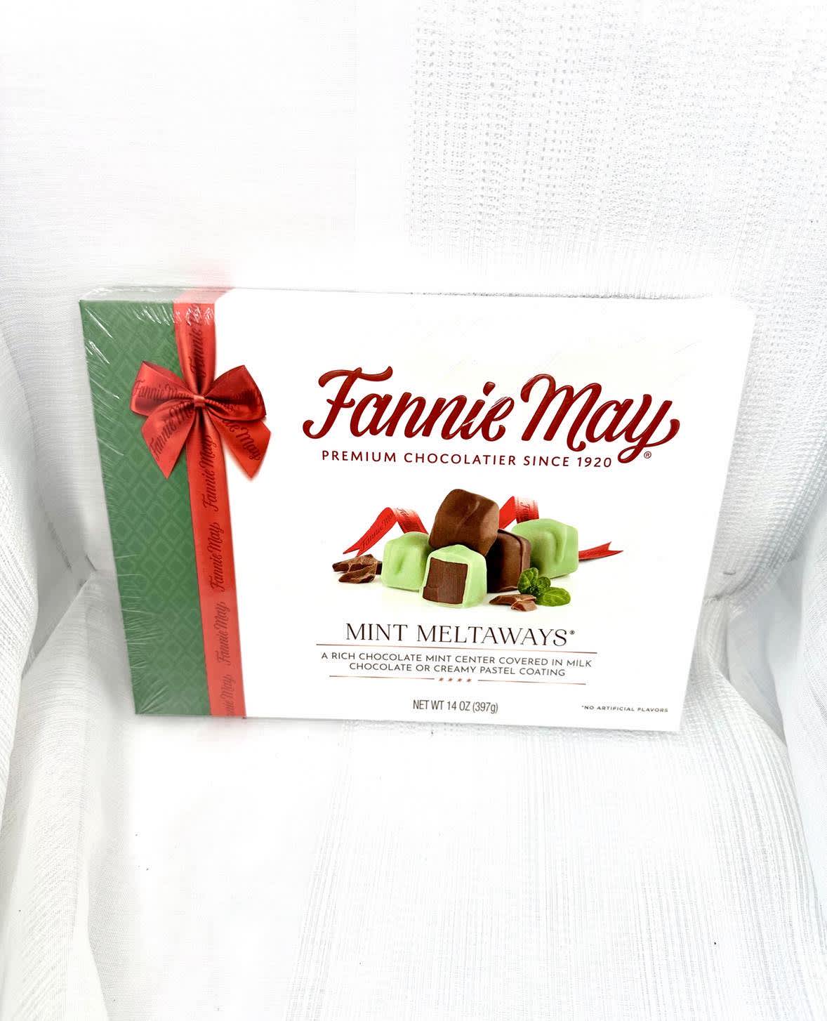 Fannie May Mint Meltaways - A rich chocolate mint center covered in milk chocolate or creamy pastel coating. 14 oz