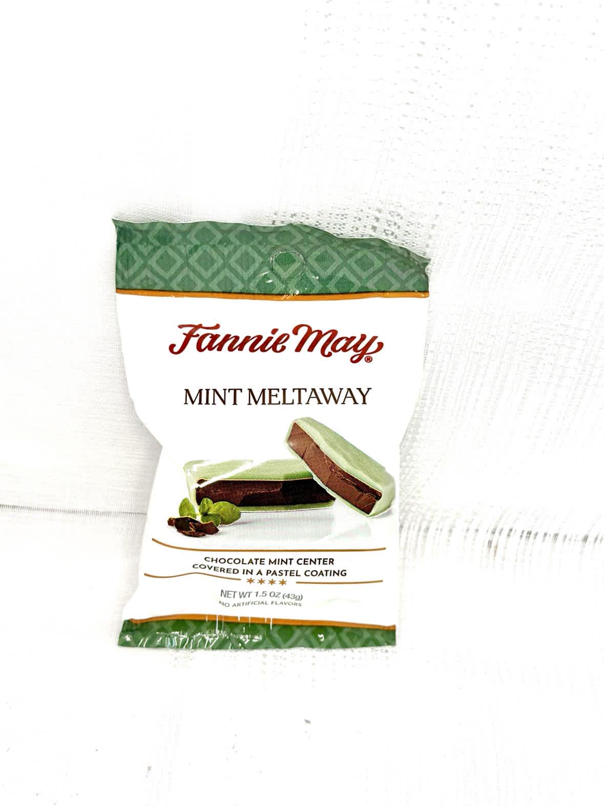 Fannie May Mint Meltaway - Chocolate with a mint center covered in pastel candy coating. Single, individually wrapped. 1.5oz