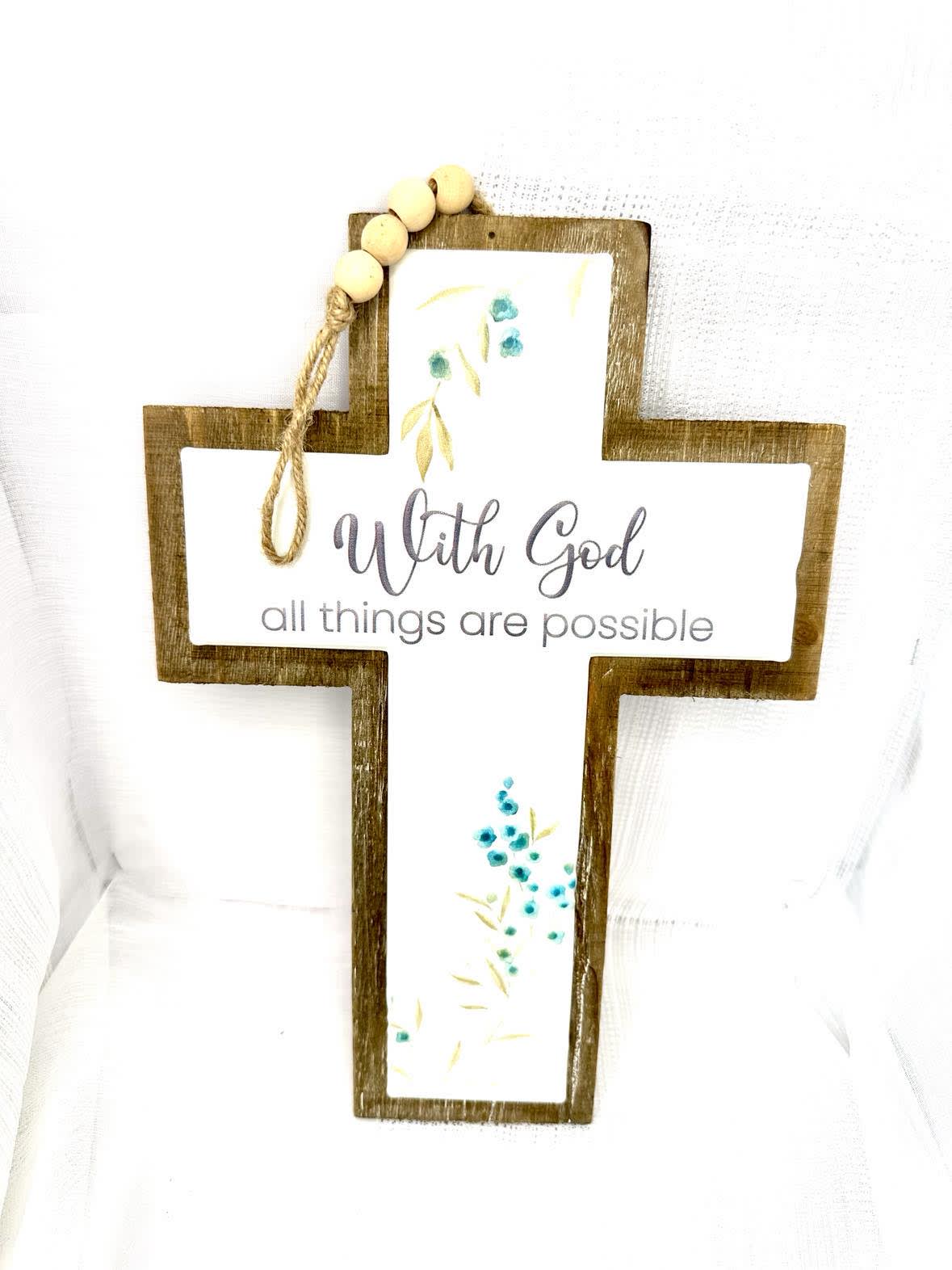 All Things Are Possible Hanging Cross - A rosary like cross with an inscription reading, &quot; With God all things are possible.&quot; 